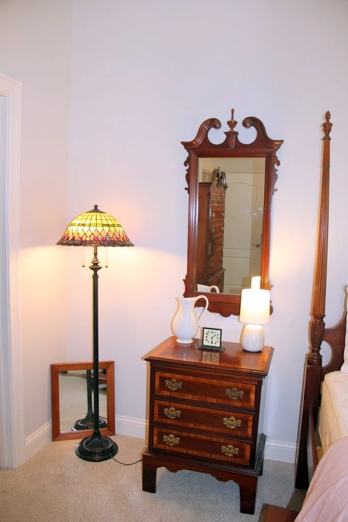 Dixie Furniture Nightstand, Chippendale Style Mirror, Contemporary Tiffany Style Floor Lamp