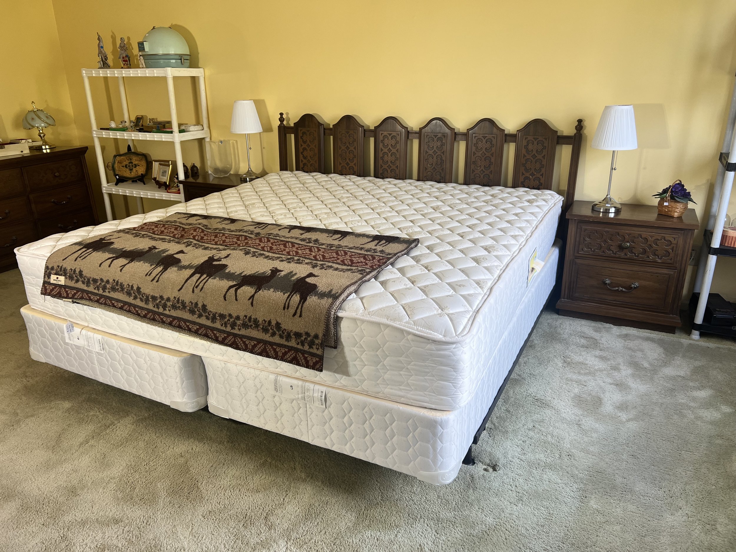 MCM Bedroom Set: Includes headboard, king mattress and box spring, triple dresser with mirror, tall highboy dresser, and nightstands 