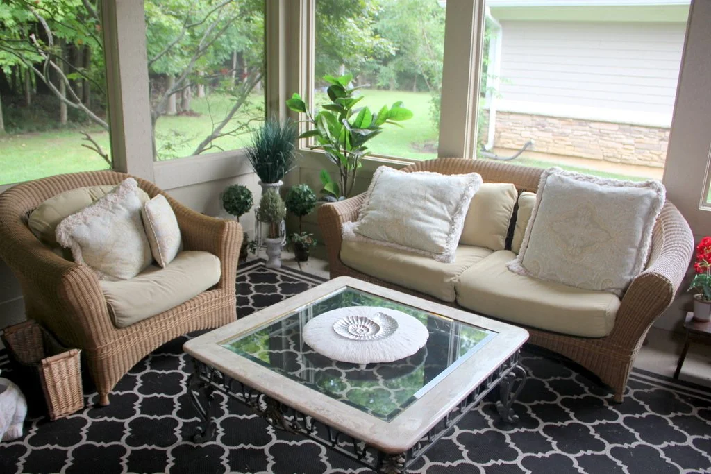 Sunroom Wicker Loveseat and Wicker Club Chair, Coffee Table