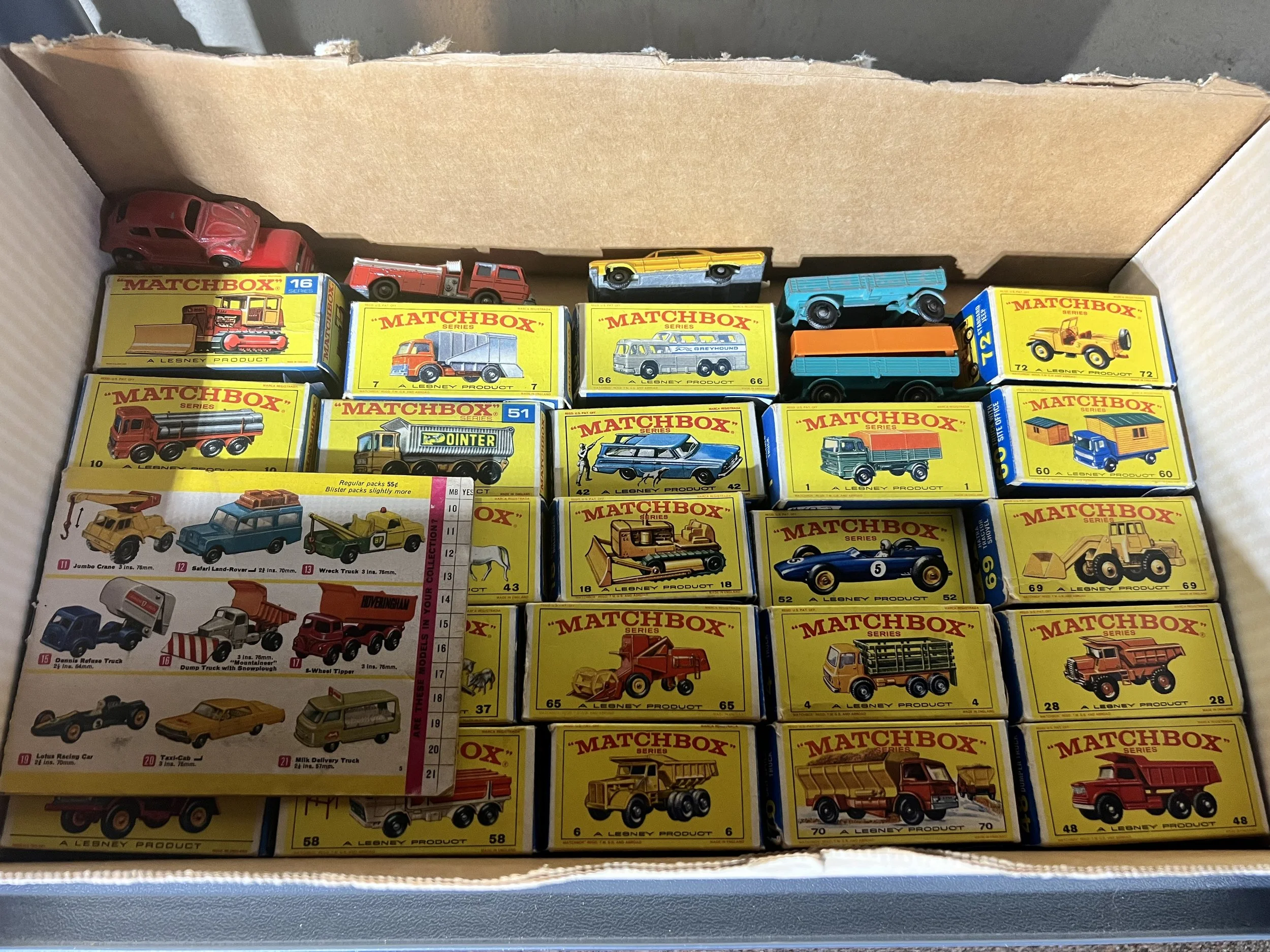Collector’s box of original 1960s Matchbox Lesney "Yellow Box" vehicles