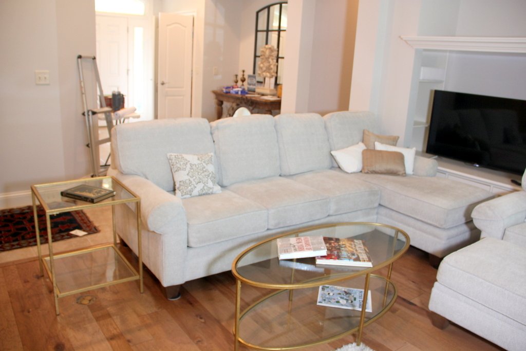 Smith Bros. L Shaped Sofa, Brass & Glass Tables