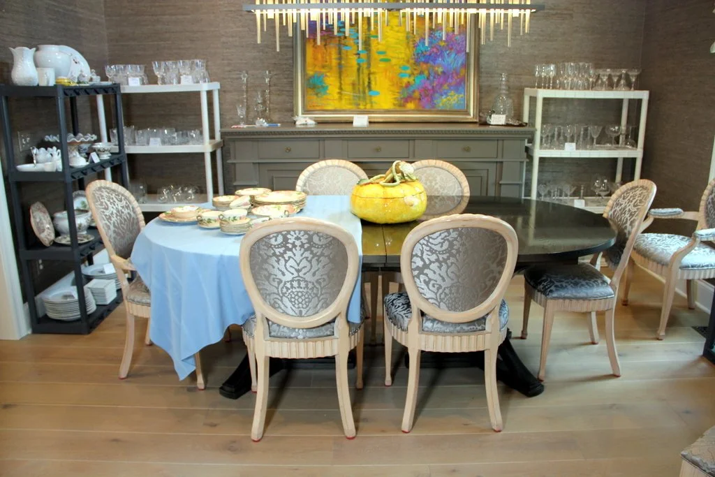 Very Nice Black Nickle Designer Dining Table with 2 Leaves, 8 Dining Chairs