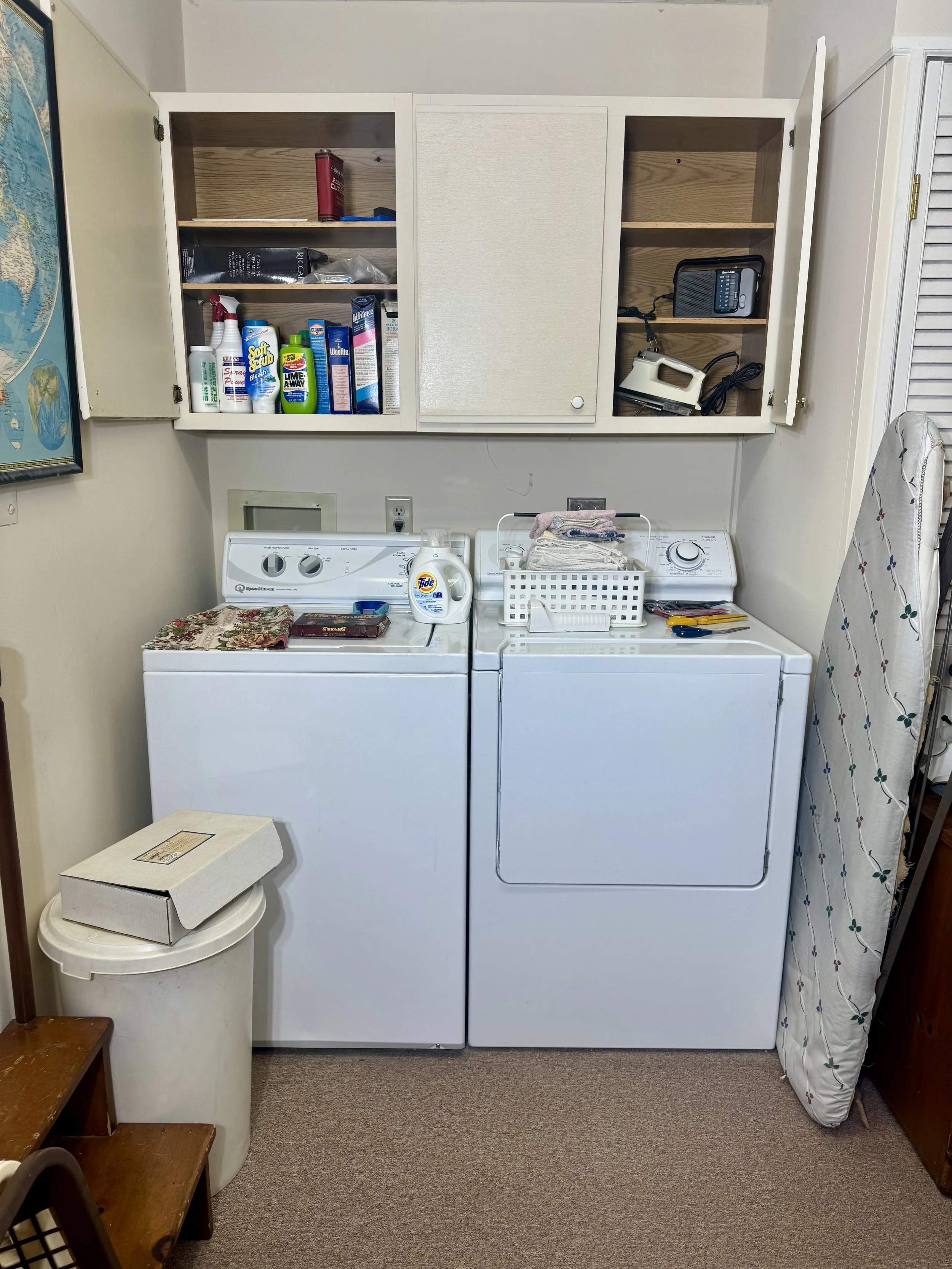 washer, dryer, ironing board 