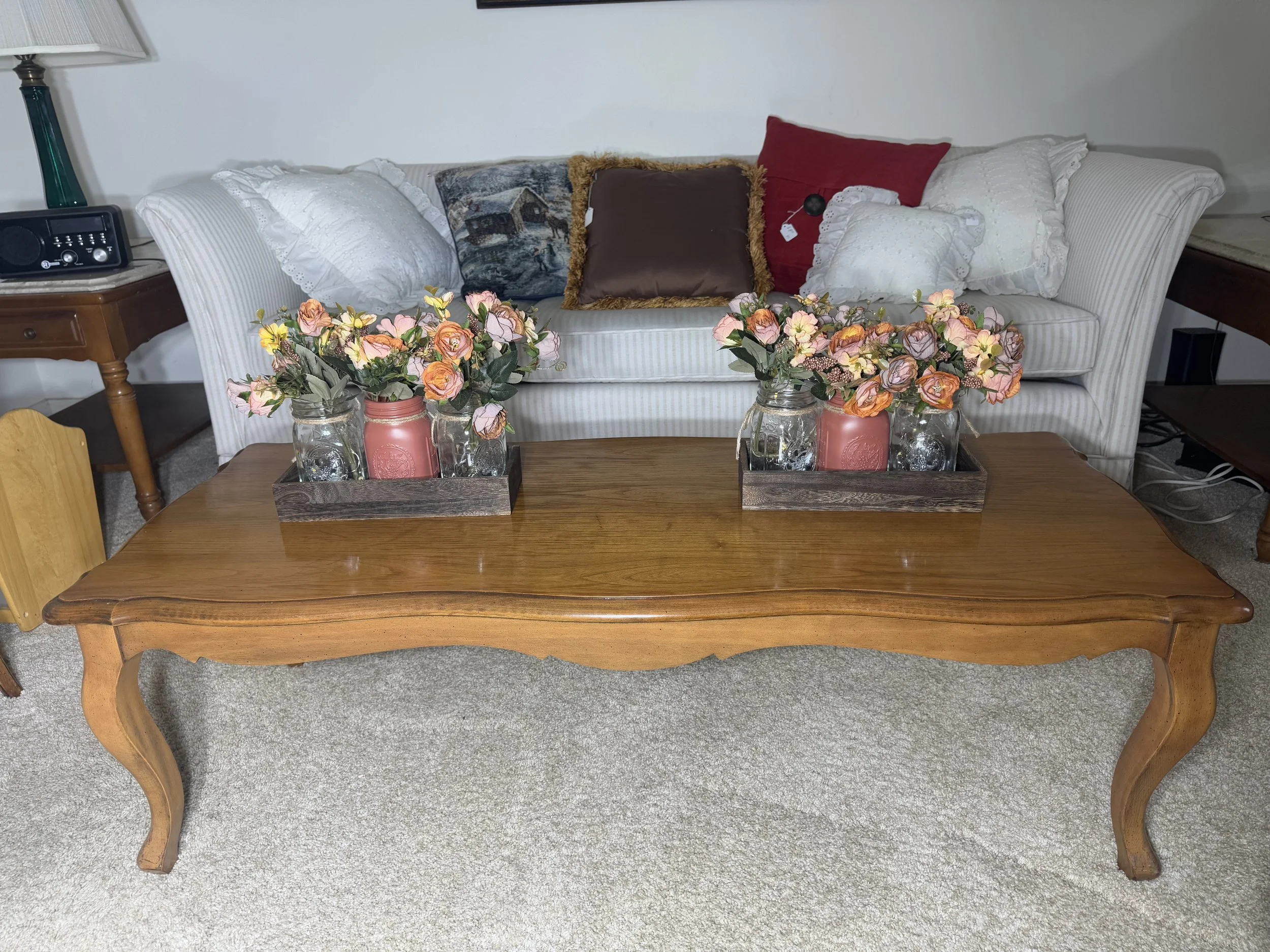 coffee table, sofa, and decor 