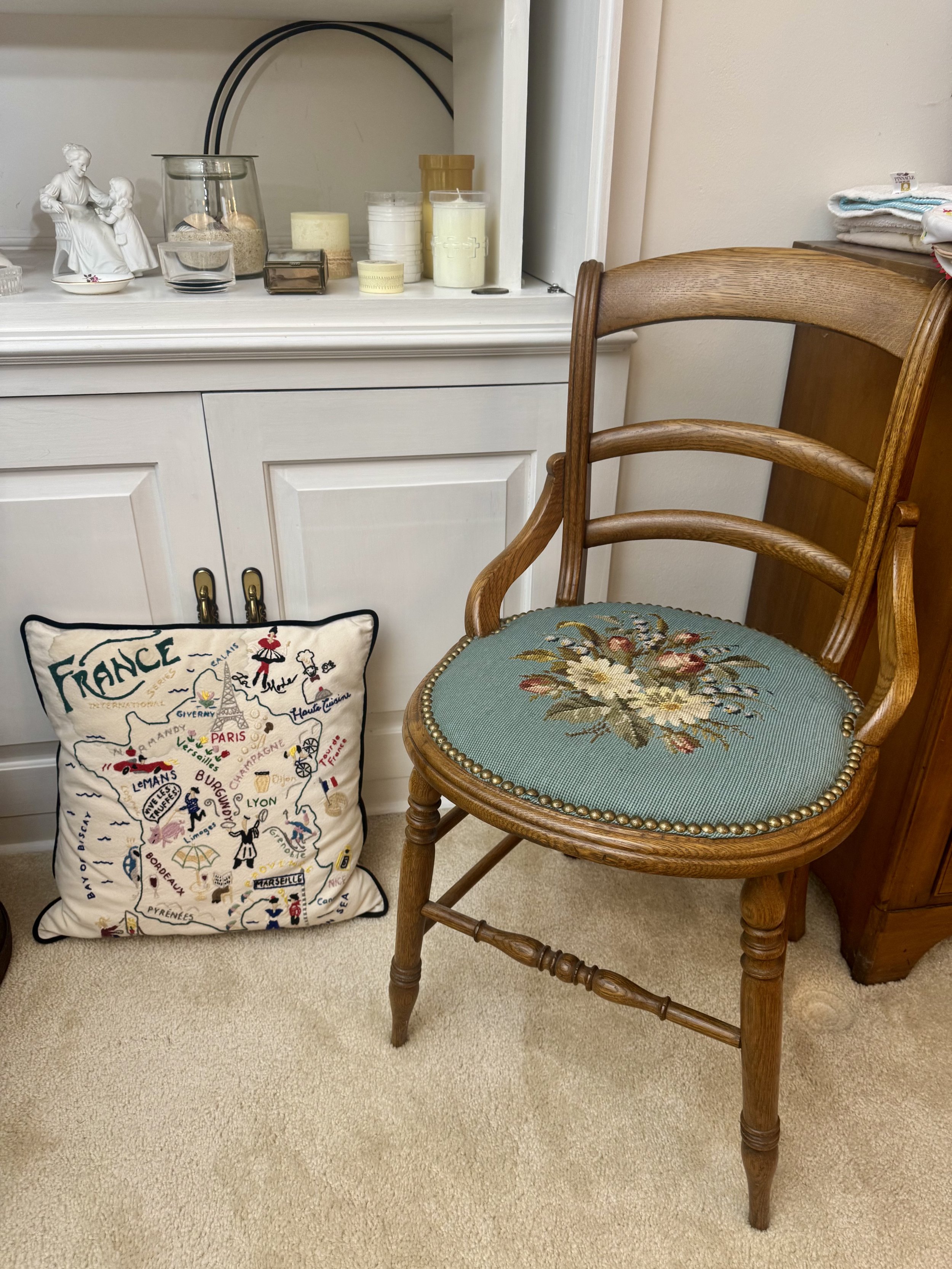 Antique Victorian chair with needlepoint seat cushion, pillow and decor