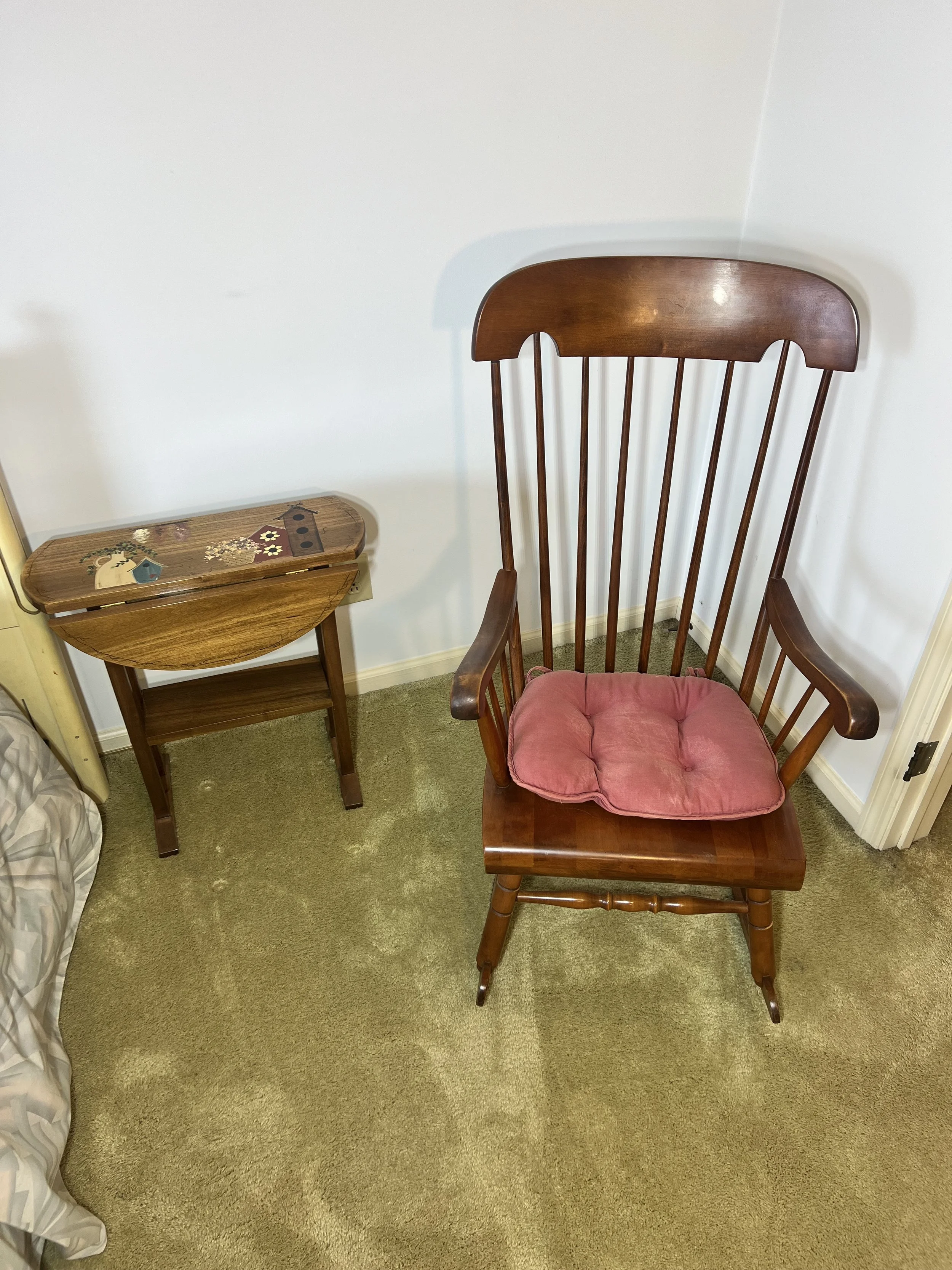 Wooden rocking chair, hand painted table 