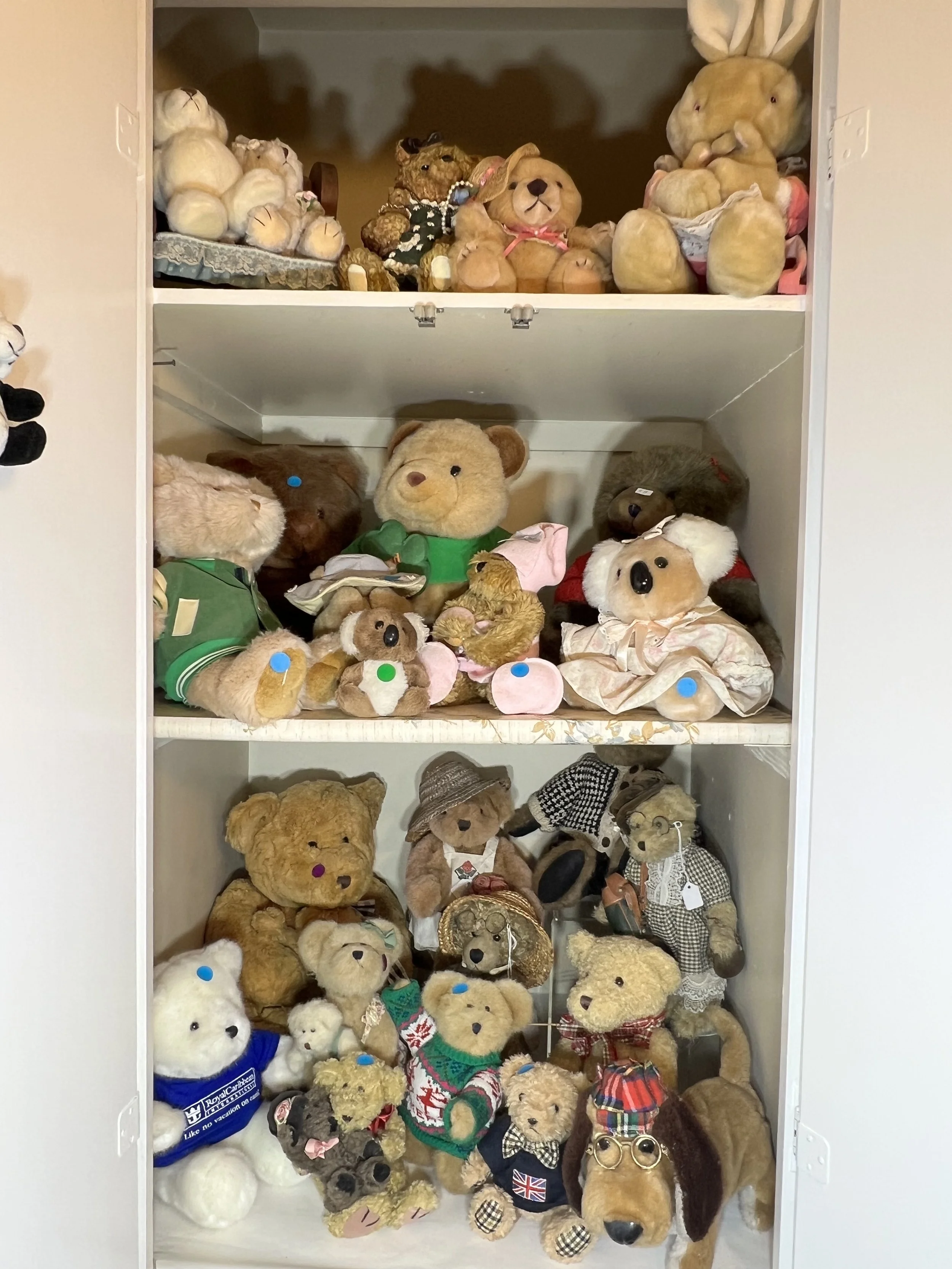 A multi-shelf display of adorable plush bears and animals, many in vintage outfits