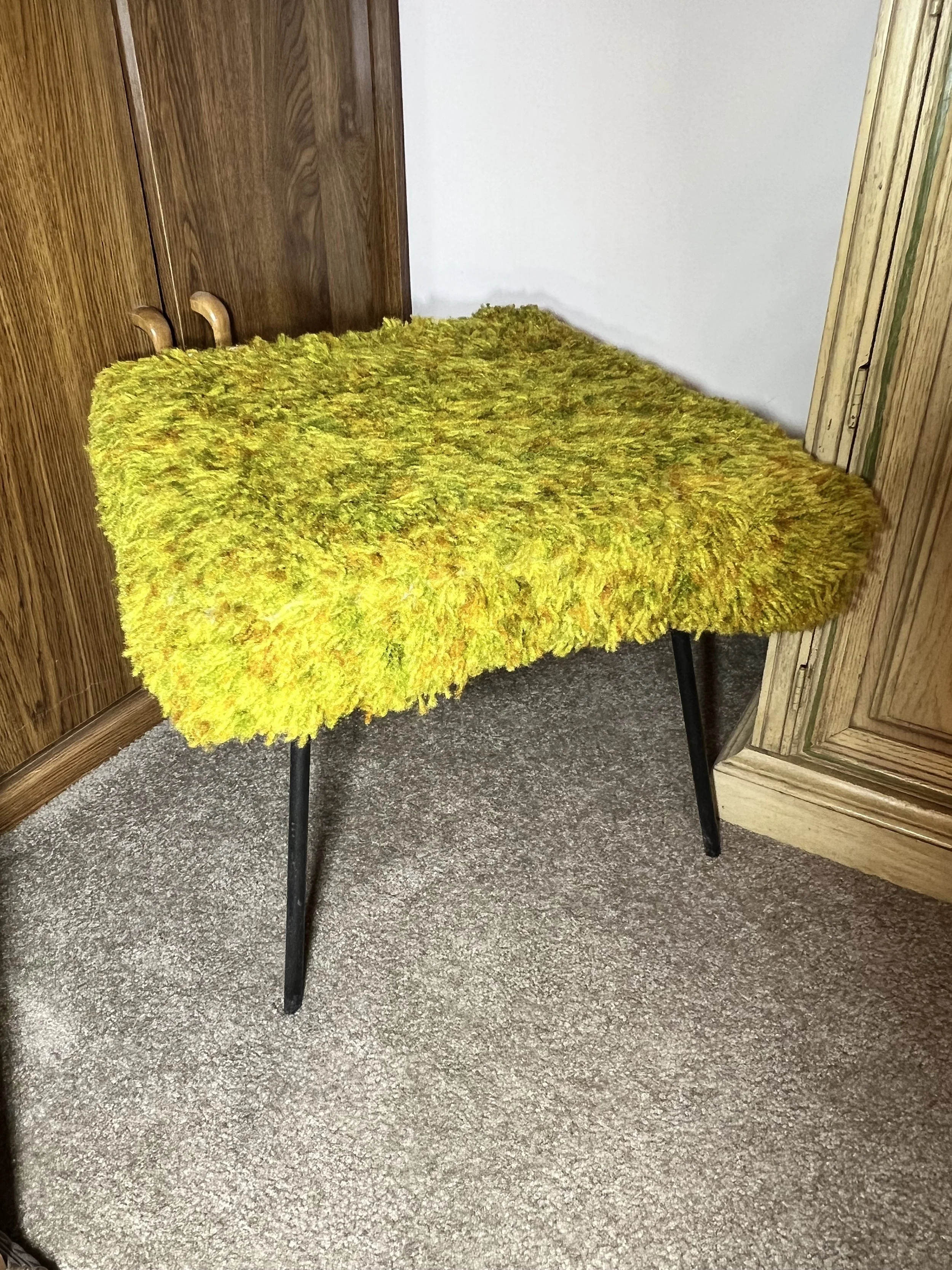 Fun vintage "pop of color" lime green shaggy stool on mid-century hairpin legs