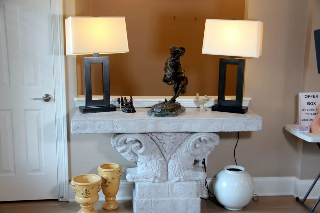 Ram Pedestal Entry Table, Pair of Robert Abbey Accent Lamps, Remington Bronze "Rattlesnake"