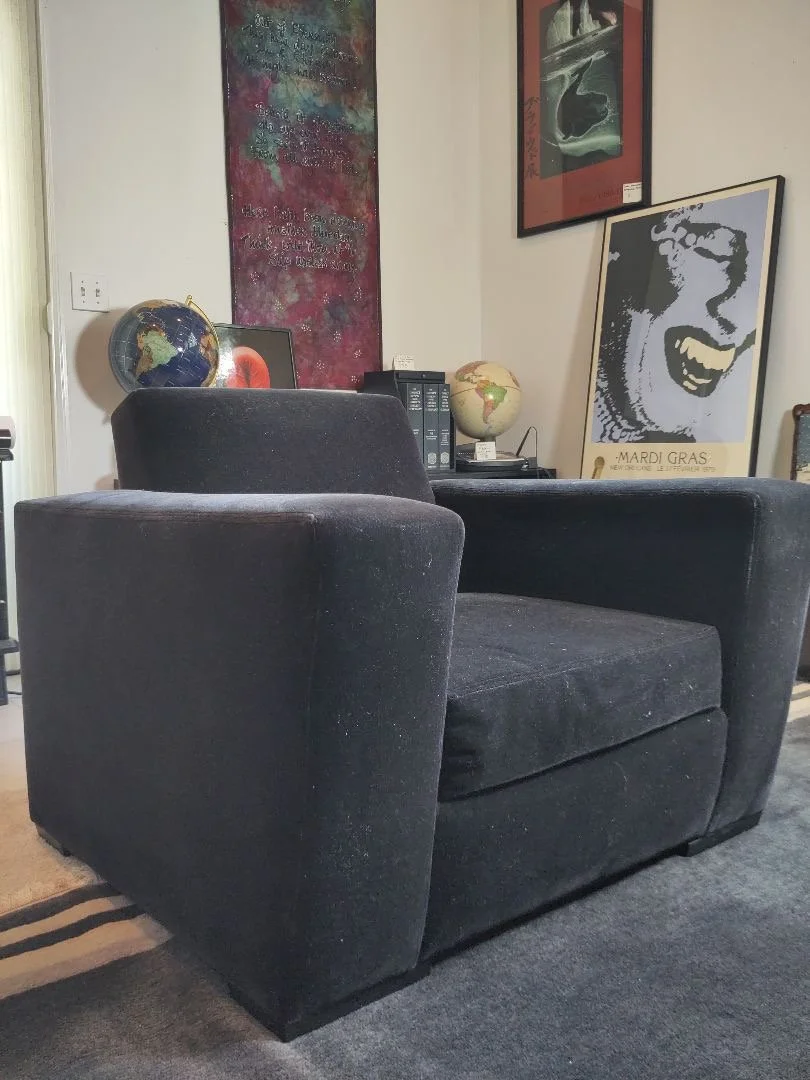 Coordinating pair of dark mohair Modernica plush club armchairs paired with a custom angular-cut accent ottoman.
