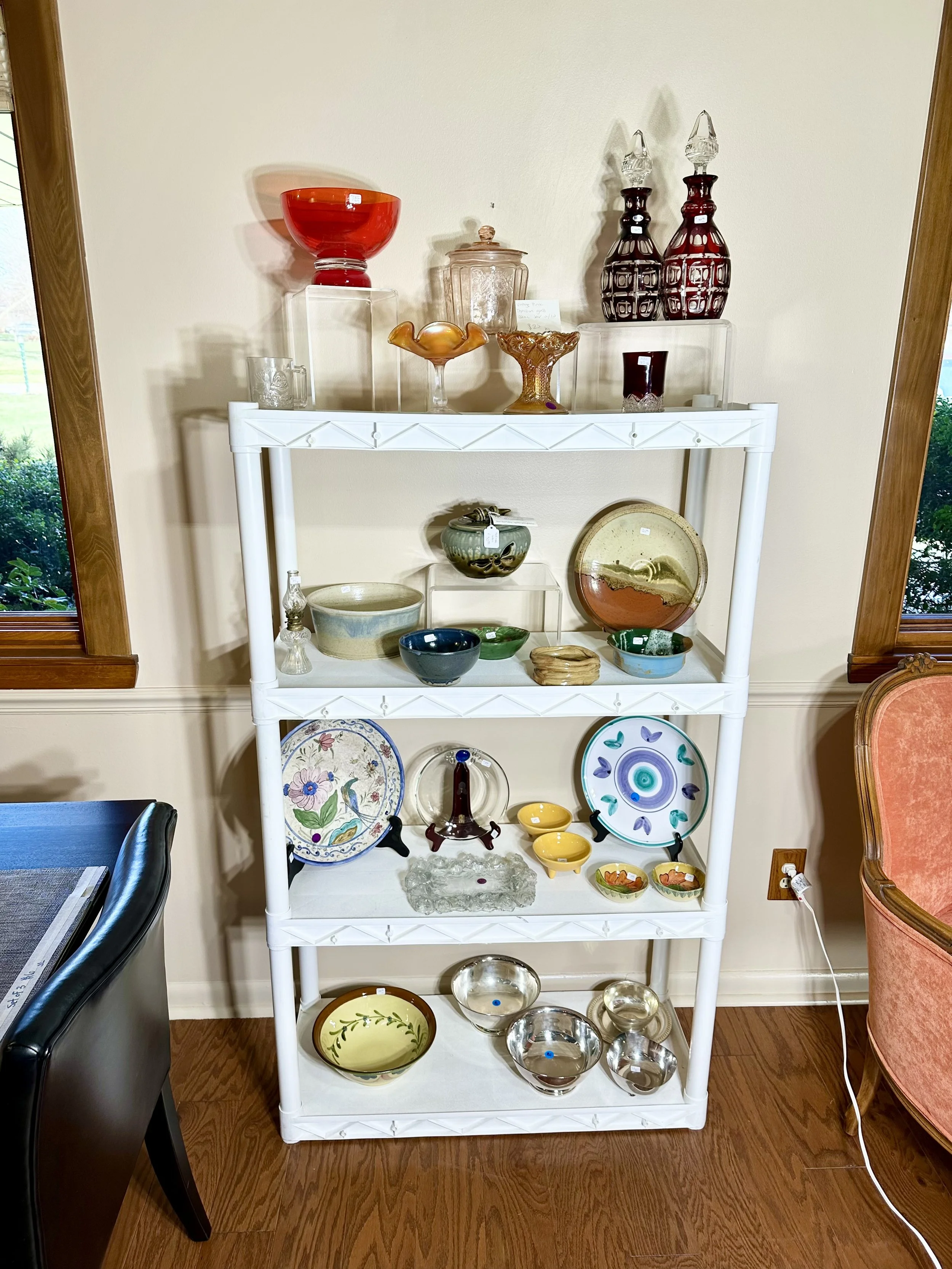 Marquise Waterford, pink depression glass cookie jar, and other various glass 