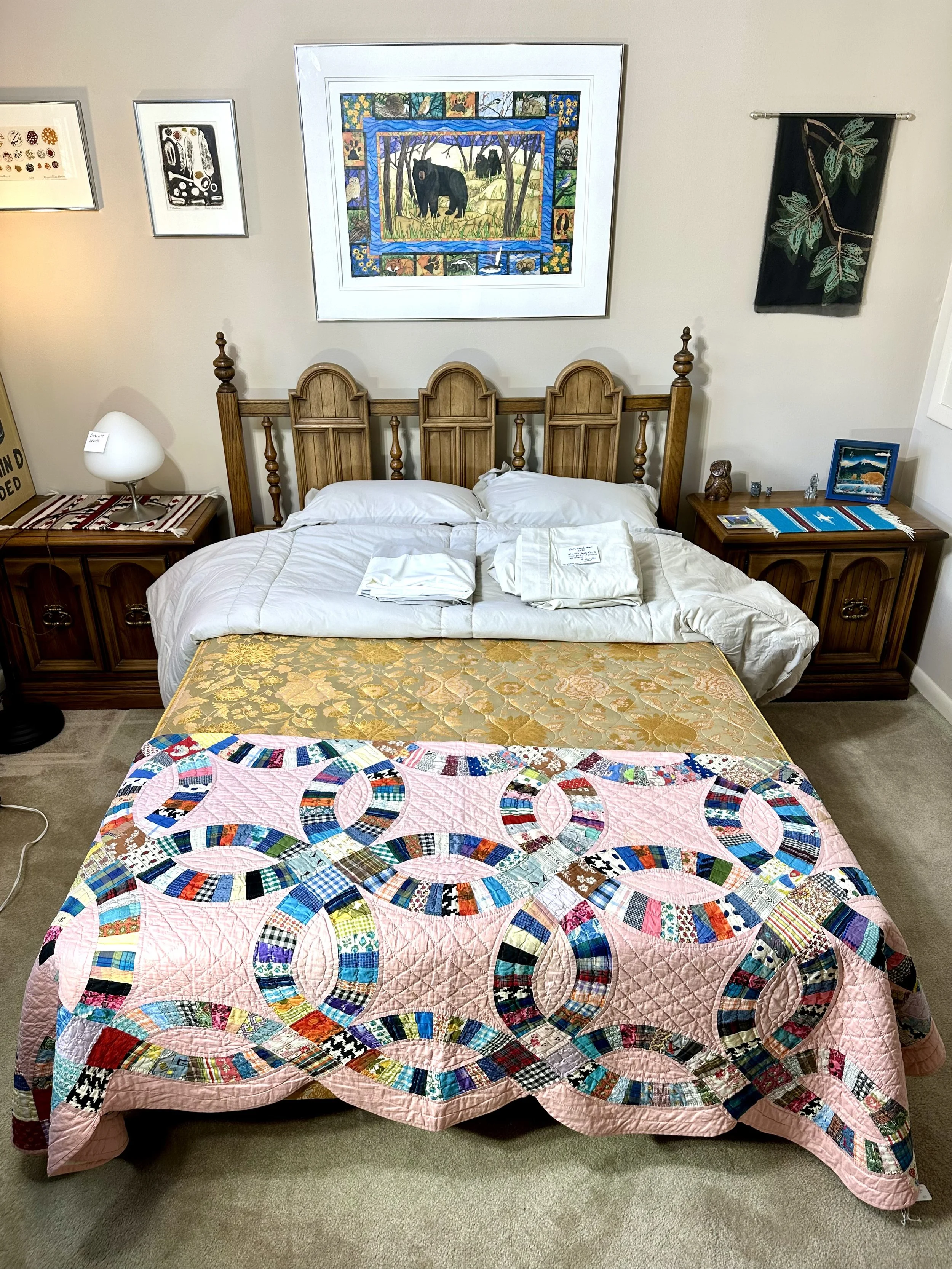 Broyhill full bedroom set with double dresser with two mirrors, two nightstands and a full bed