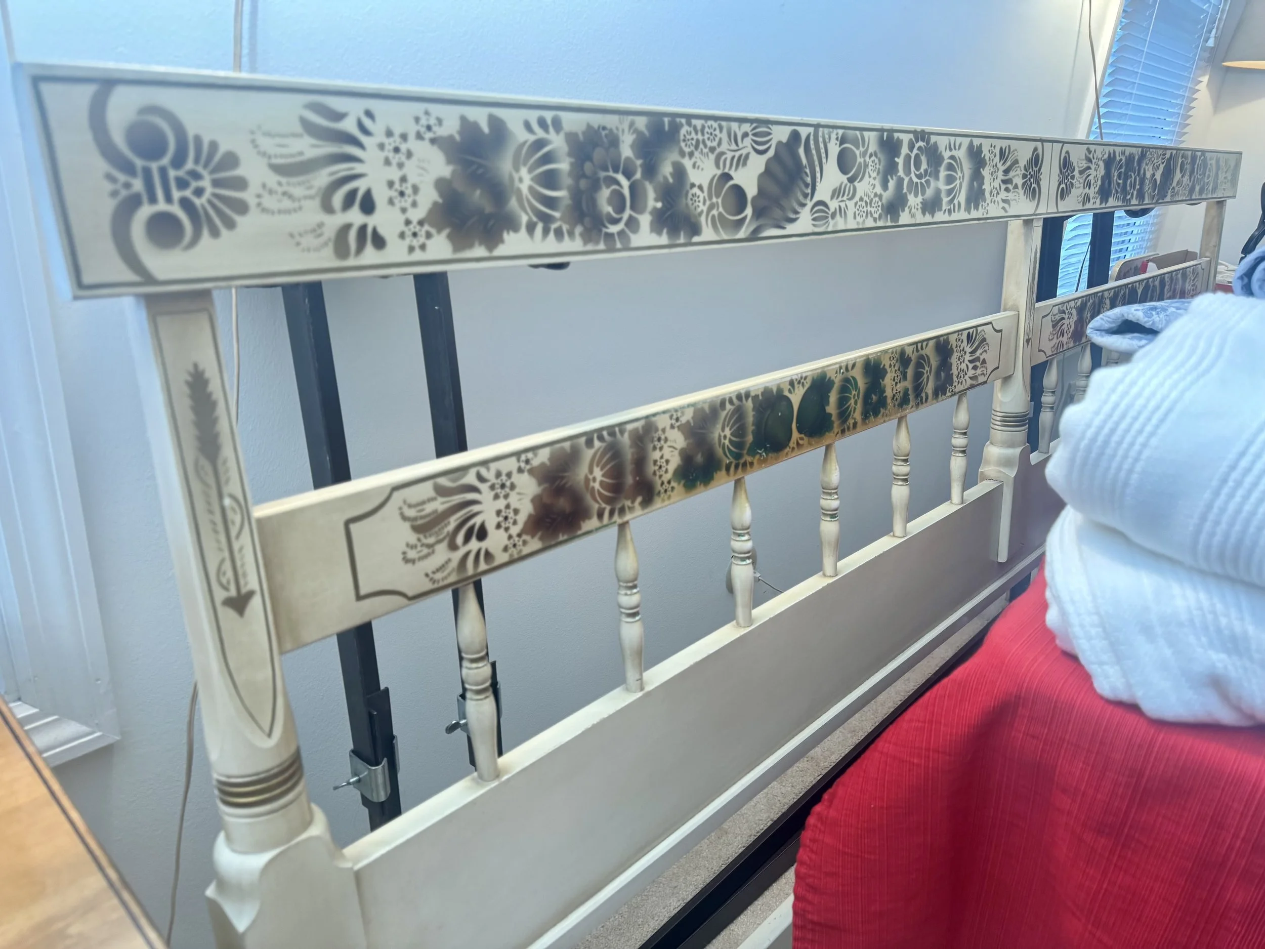 vintage Hitchcock Furniture stenciled and handpainted king size bed frame 