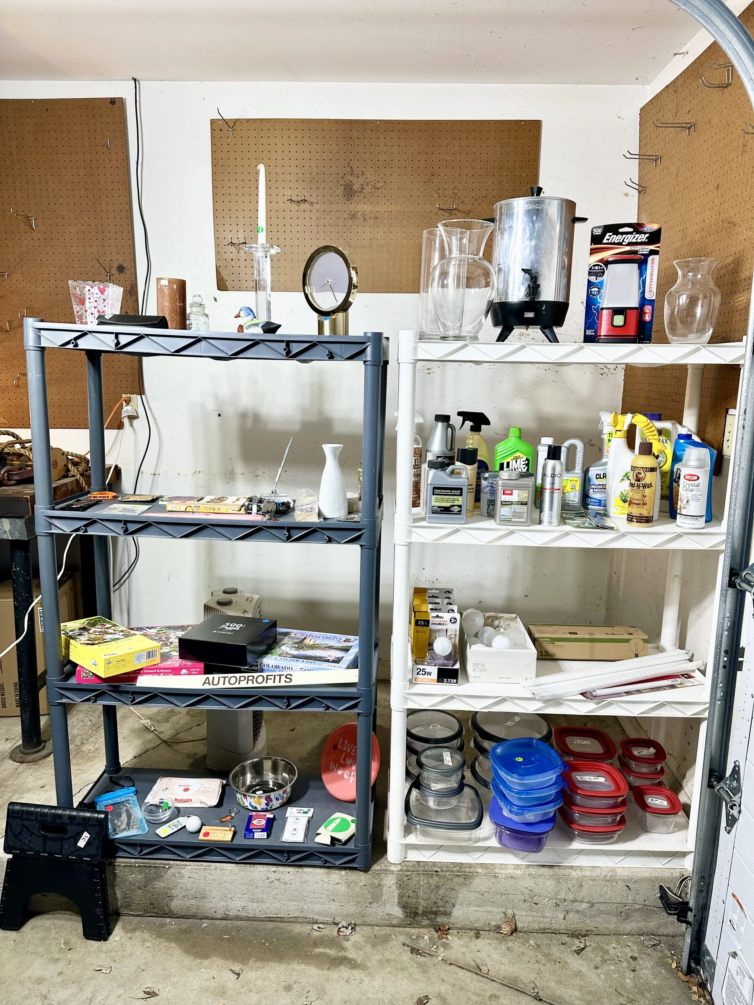 various home items, cleaning supplies, Tupperware, and light bulbs