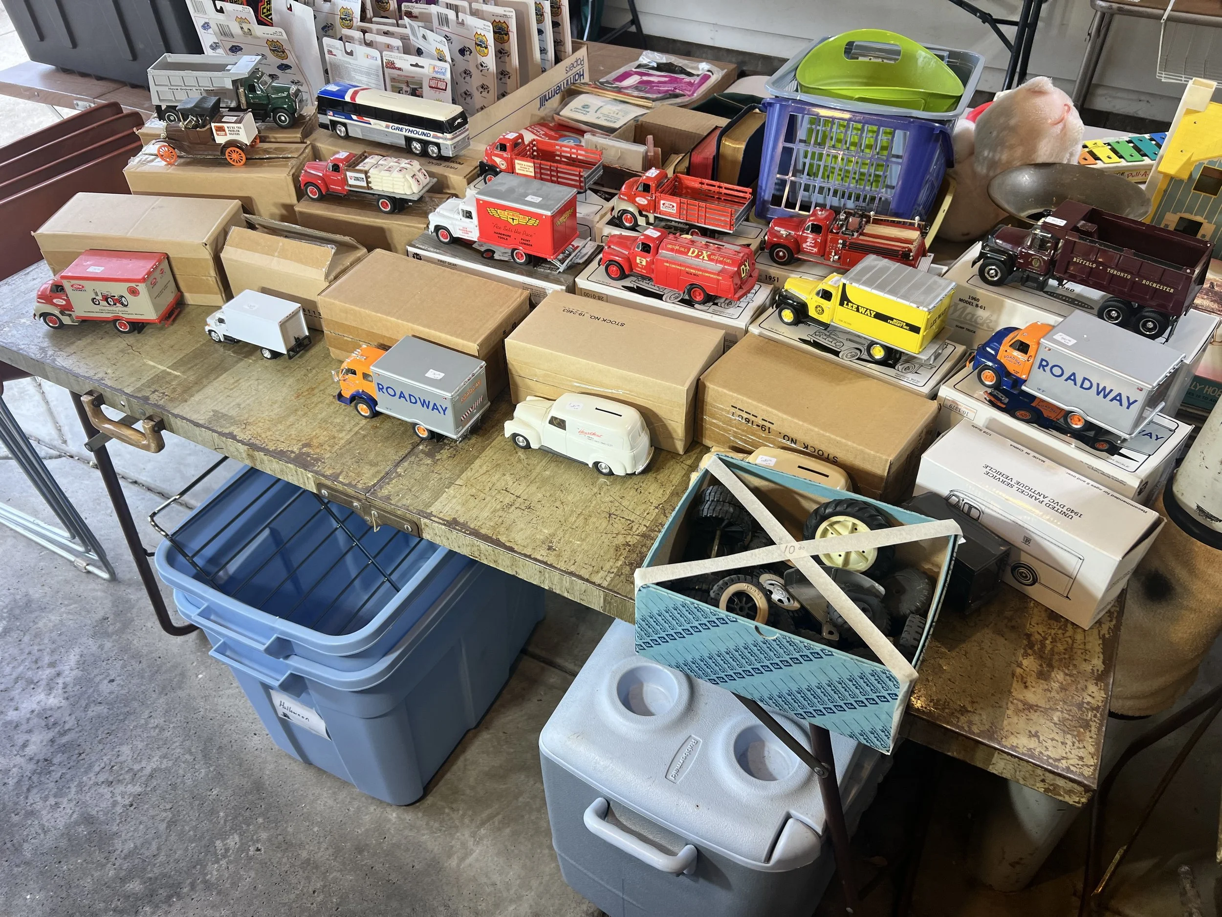 Vintage First Gear & Roadway Series - Transport collectibles, featuring Greyhound buses, Roadway Express trucks, and classic fire engine models