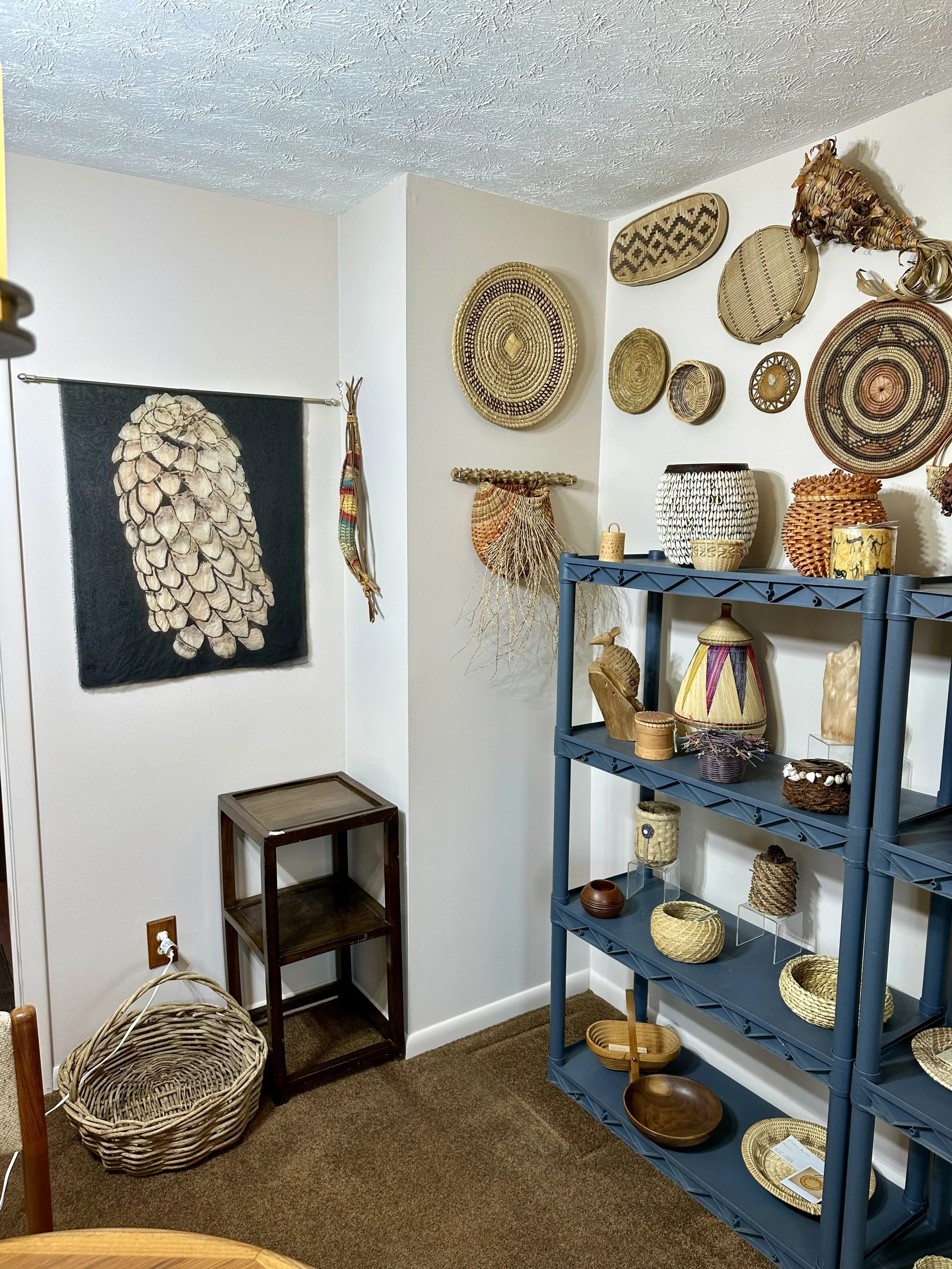various decorative baskets and art