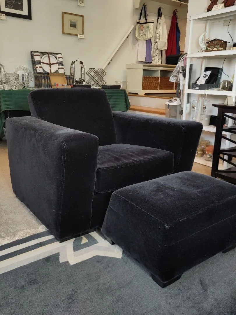 Coordinating pair of dark mohair Modernica plush club armchairs paired with a custom angular-cut accent ottoman.