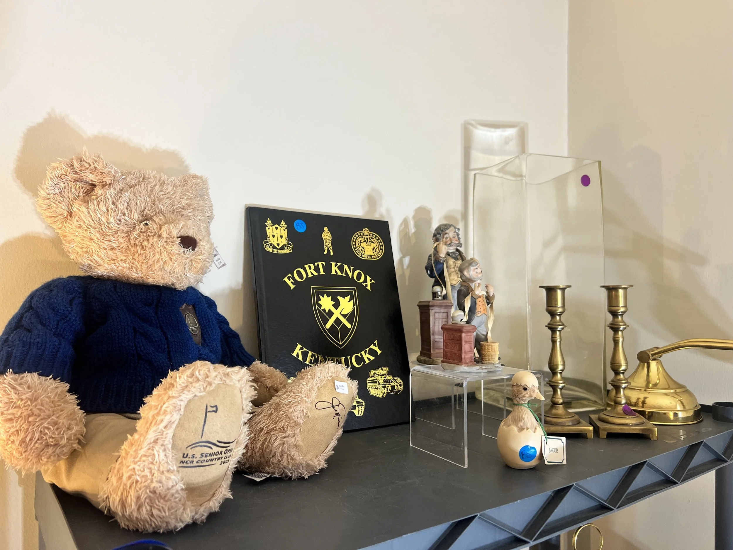 Military History & Golf Collectibles – A "Fort Knox, Kentucky" commemorative book shown with a 2005 U.S. Senior Open teddy bear and brass candlesticks