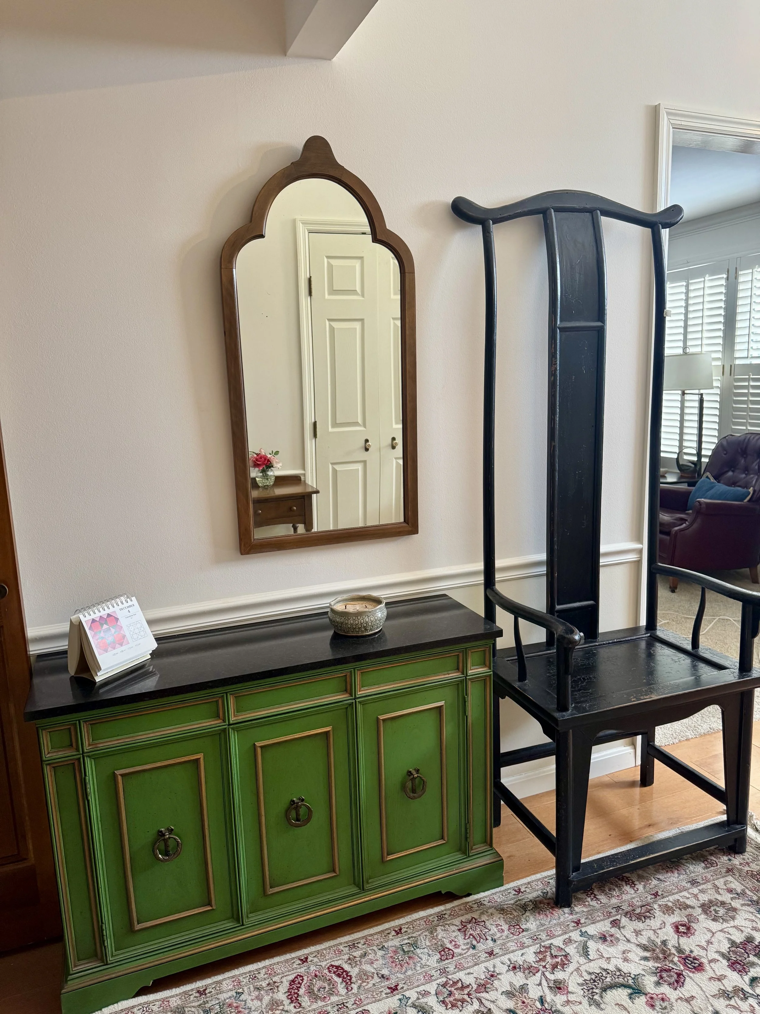 Vintage Hollywood Regency marble top emerald green credenza with gold accents