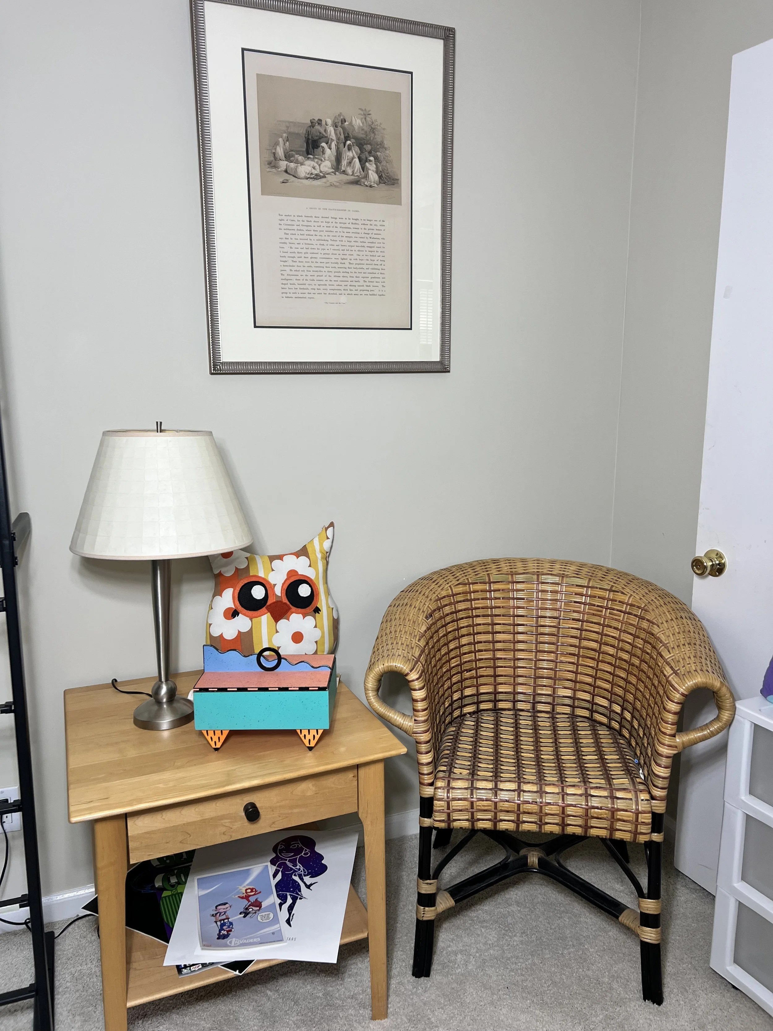 Copeland nightstand and wicker chair