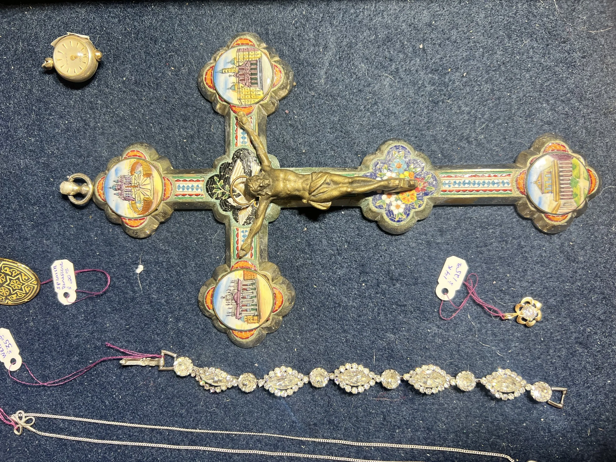 Micro-Mosaic Crucifix: An exceptional antique crucifix featuring intricate micro-mosaic floral patterns and four detailed architectural vistas