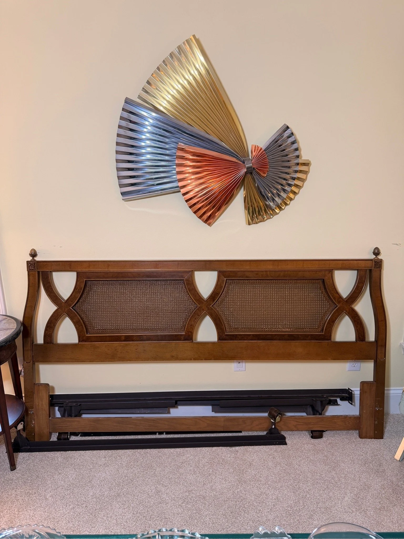 90's metal art, vintage wooden bedframe