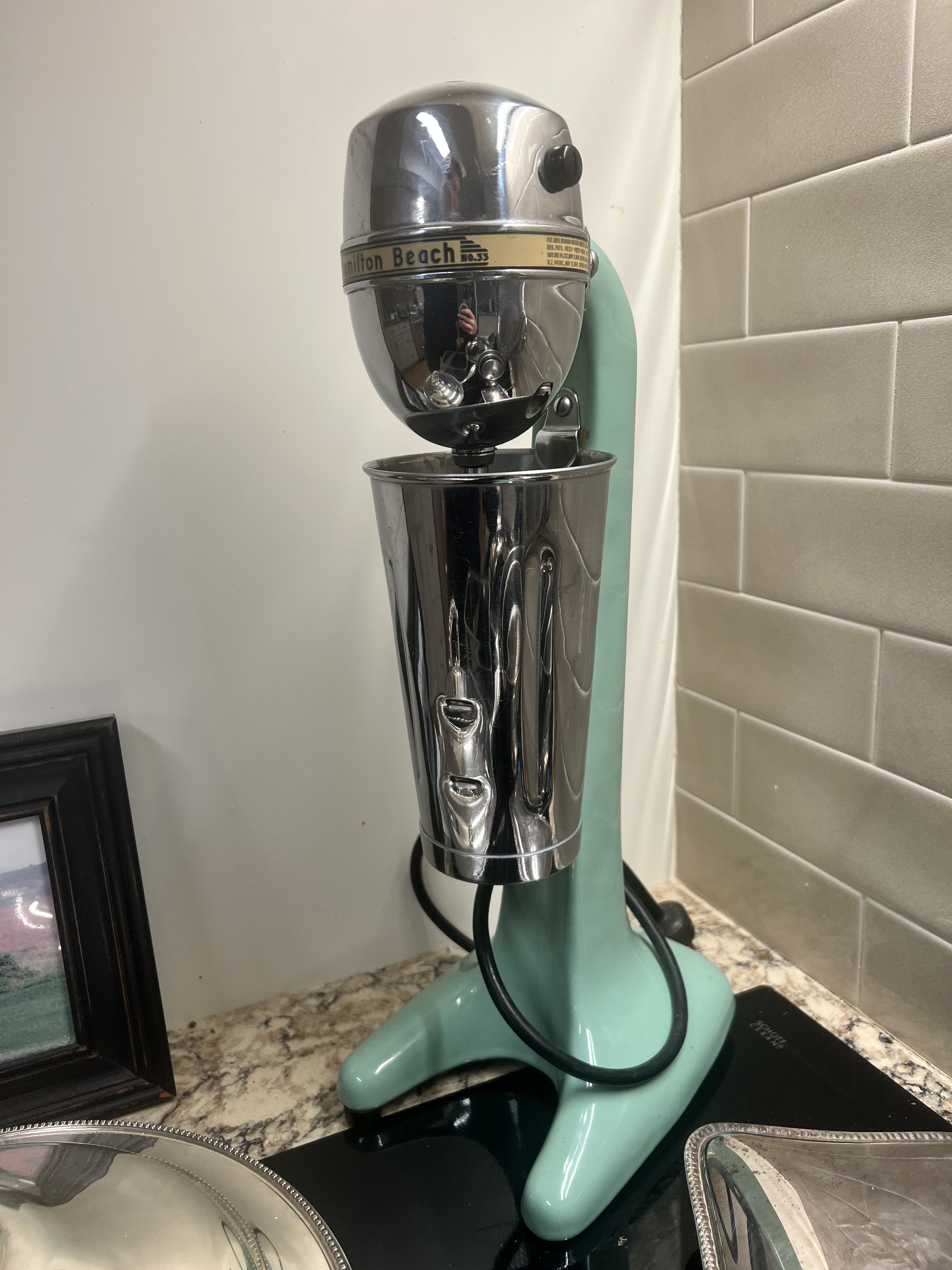 Hamilton Beach No. 33 Mixer: Vintage seafoam green milkshake mixer with metal cup (missing one foot)