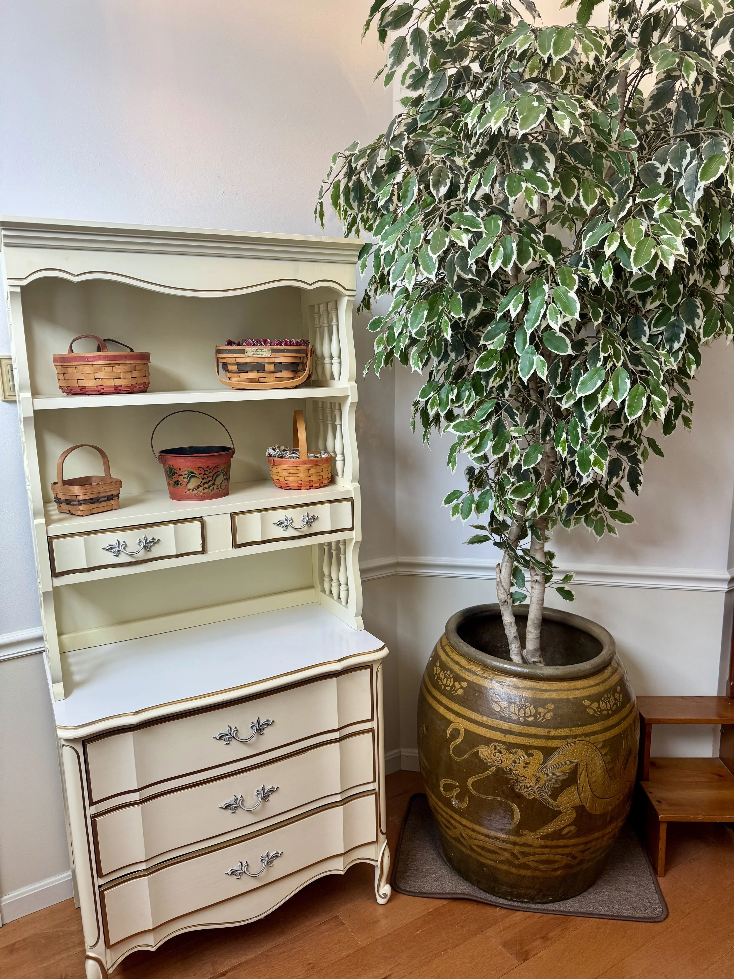 hutch dresser and vintage Chinese dragon jars/pots with realistic artificial tree