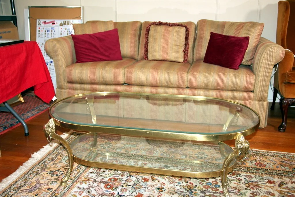 Sherrill Sofa, Brass & Glass Coffee Table