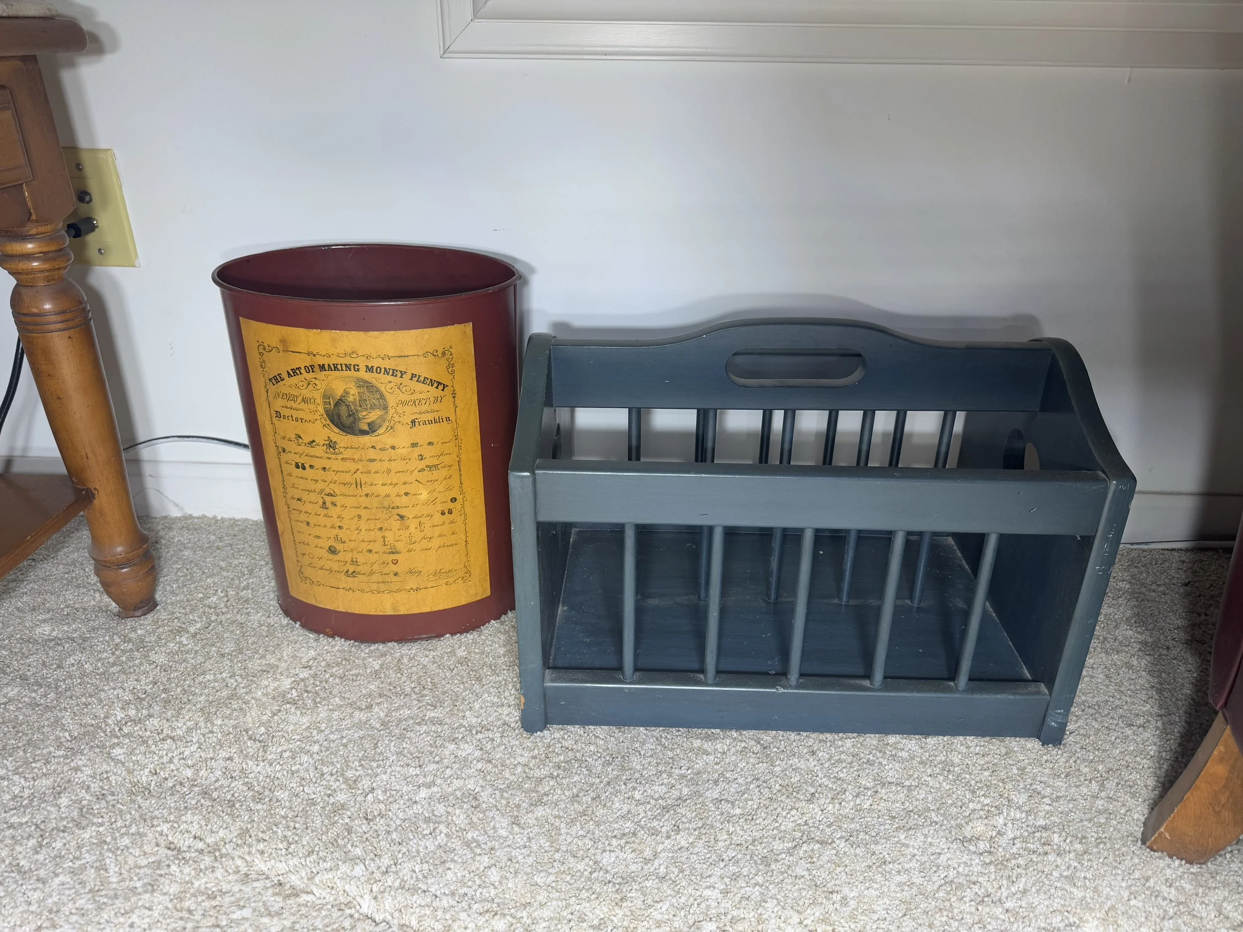 wooden magazine rack and trash can 