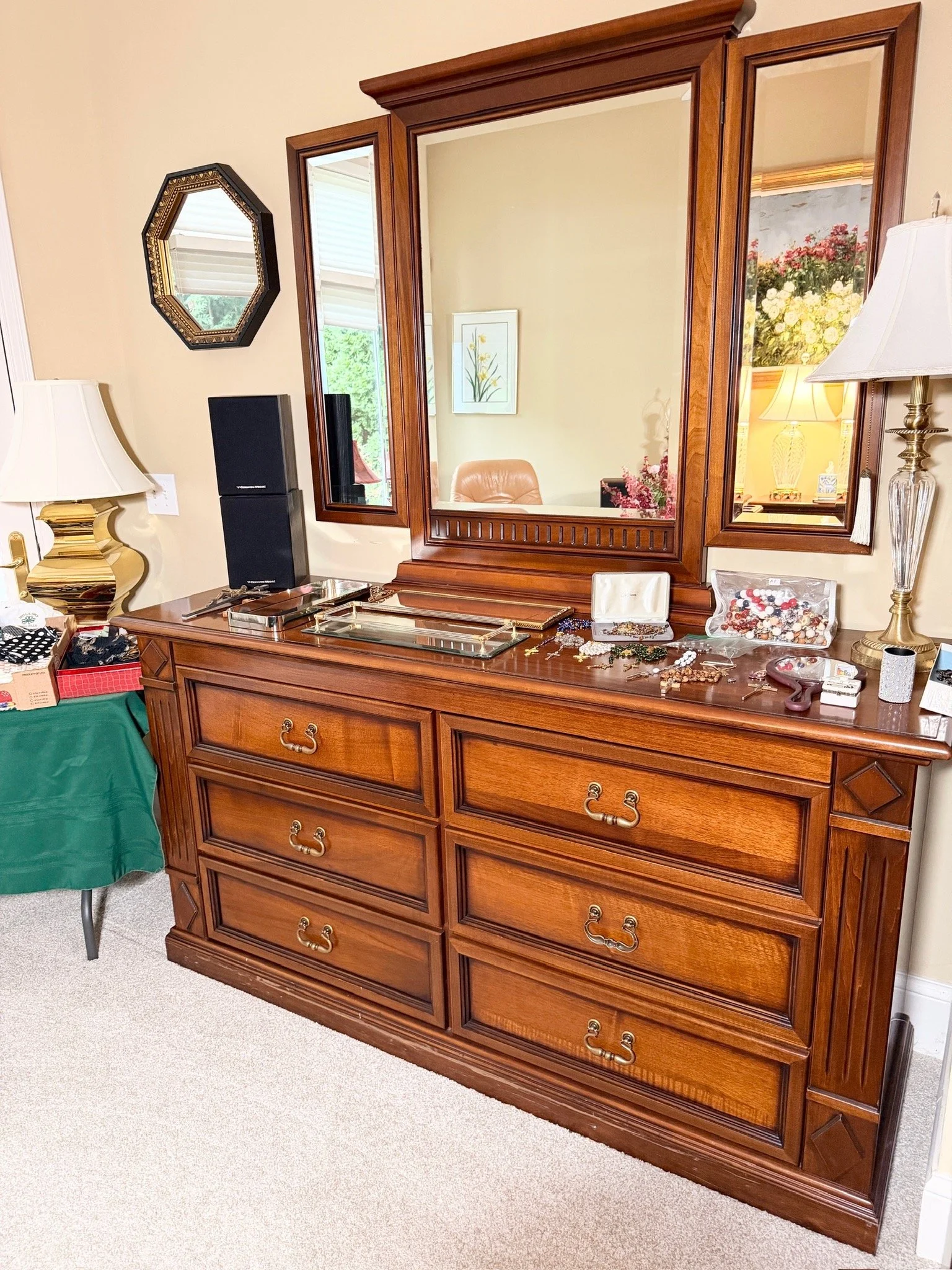 six-drawer dresser with tri-fold mirror