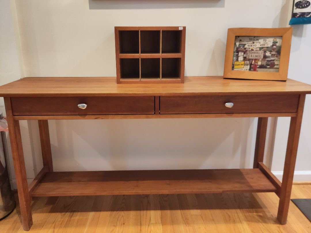 A solid wood two-drawer console table with a full lower shelf, crafted by Vermont Furniture Designs
