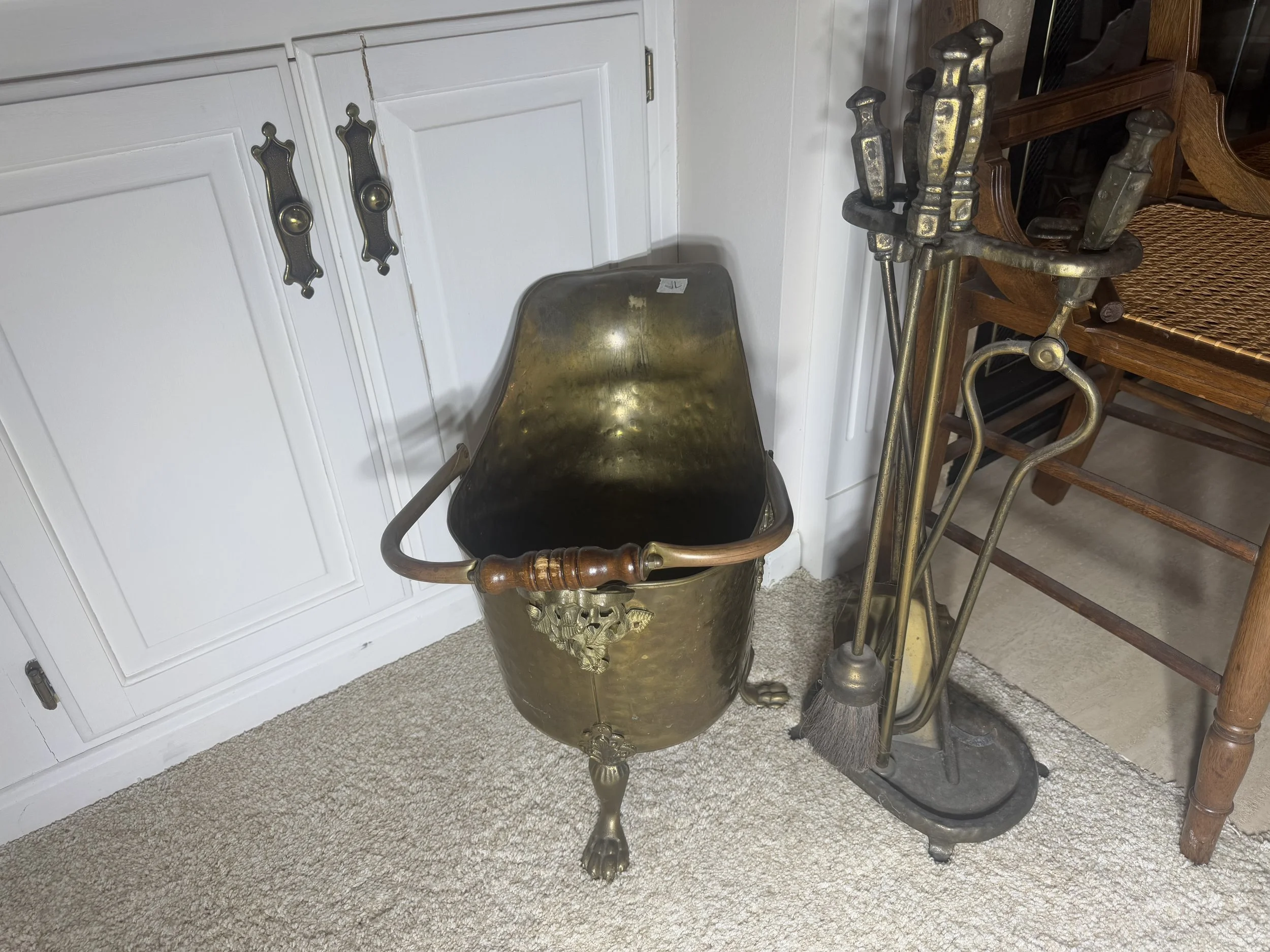 antique bronze fireplace tools and brass coal scuttle