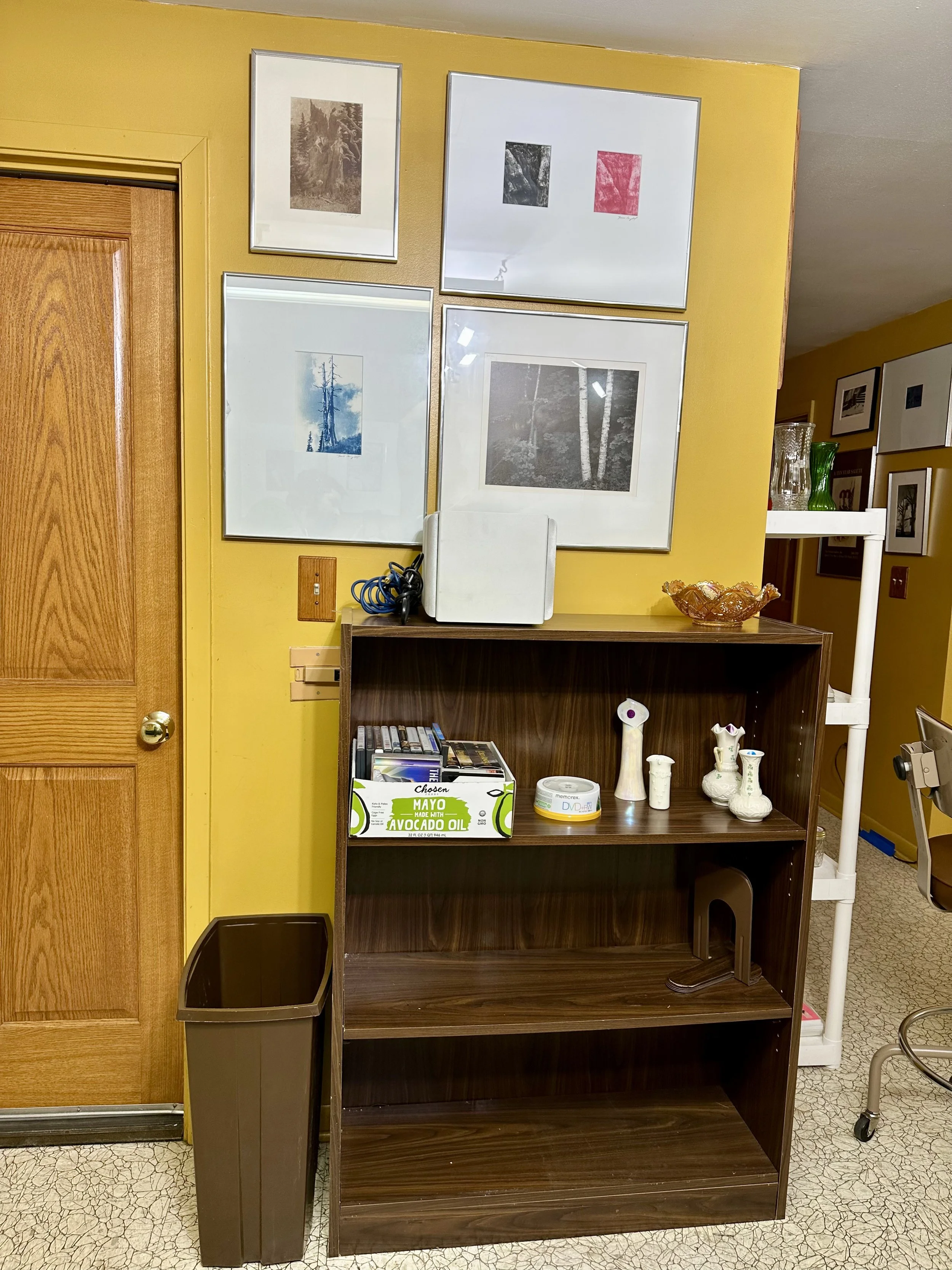 framed art and short bookcase