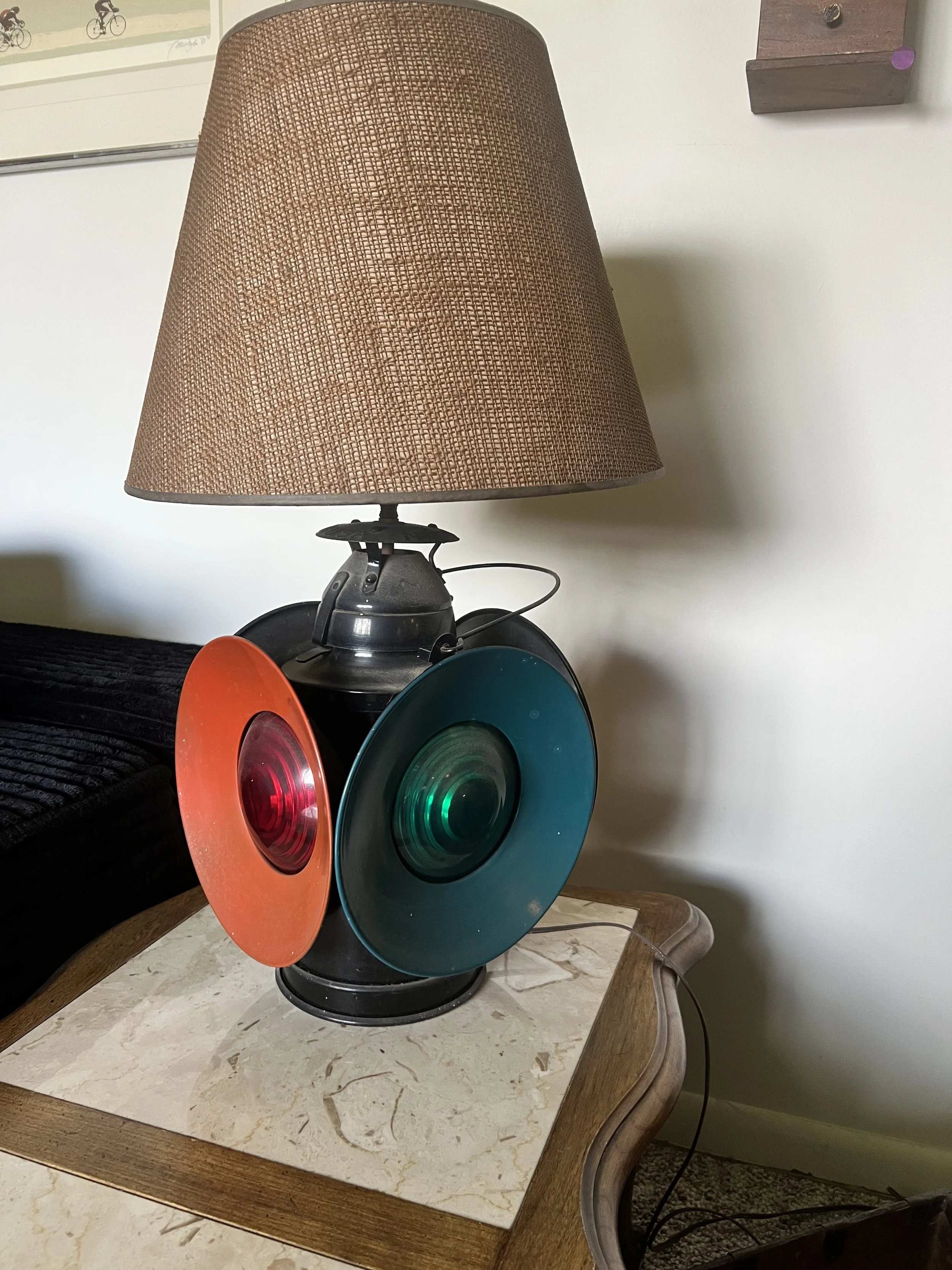 Converted vintage railroad signal lamp with red and green lenses