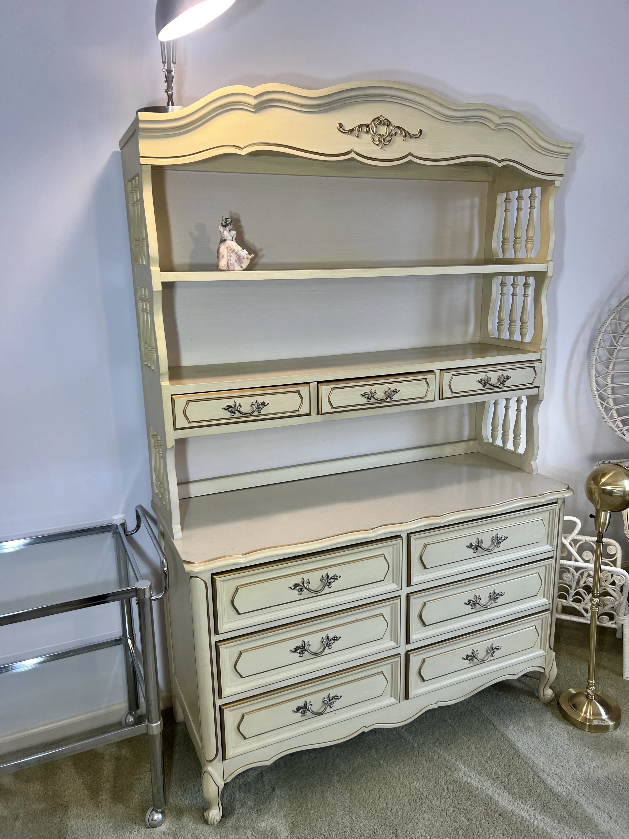 White & Gold Modern Bedroom Set: Tall dresser and full size bed (mattress and box spring)