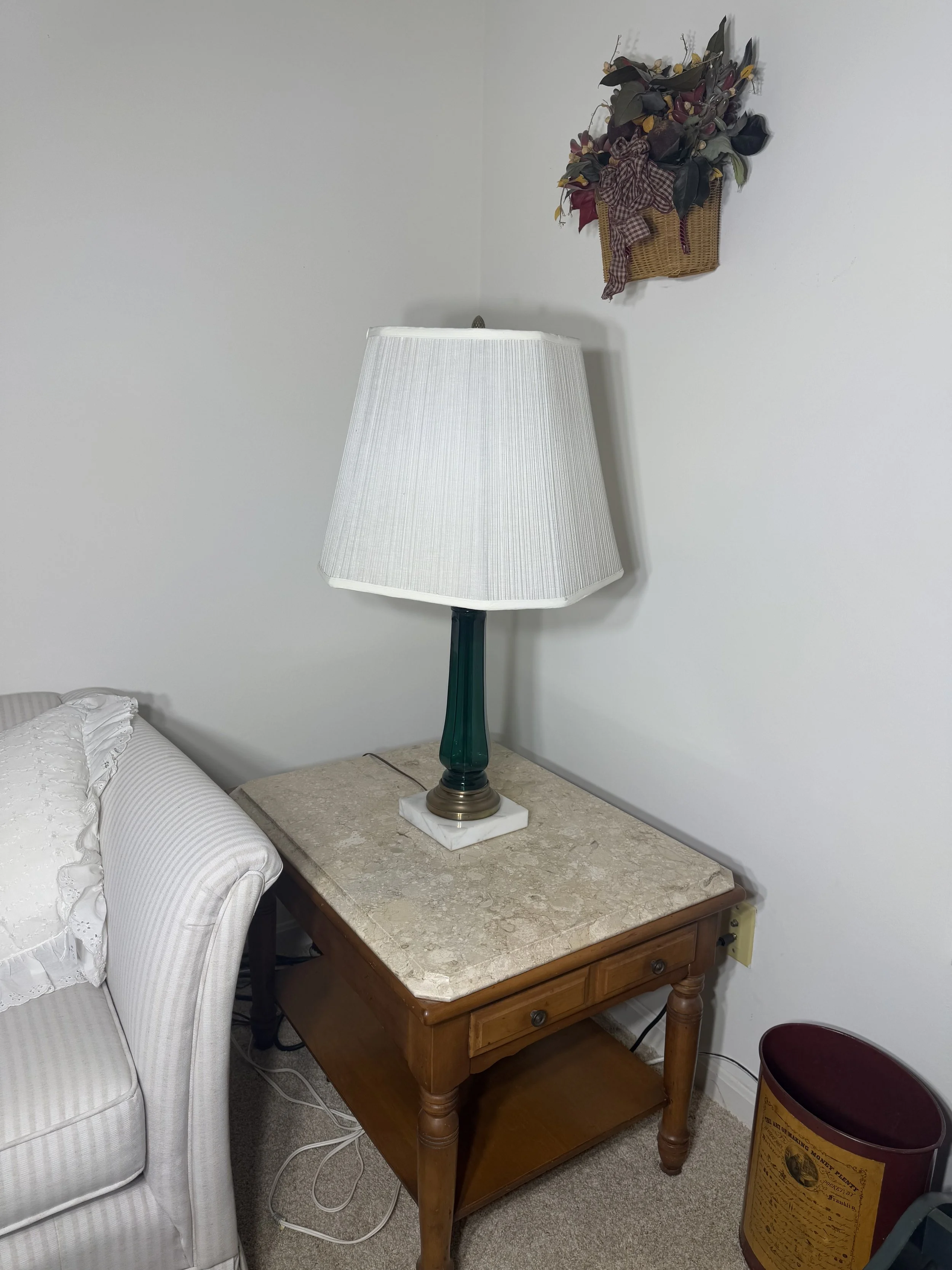 wood and marble end table and lamp