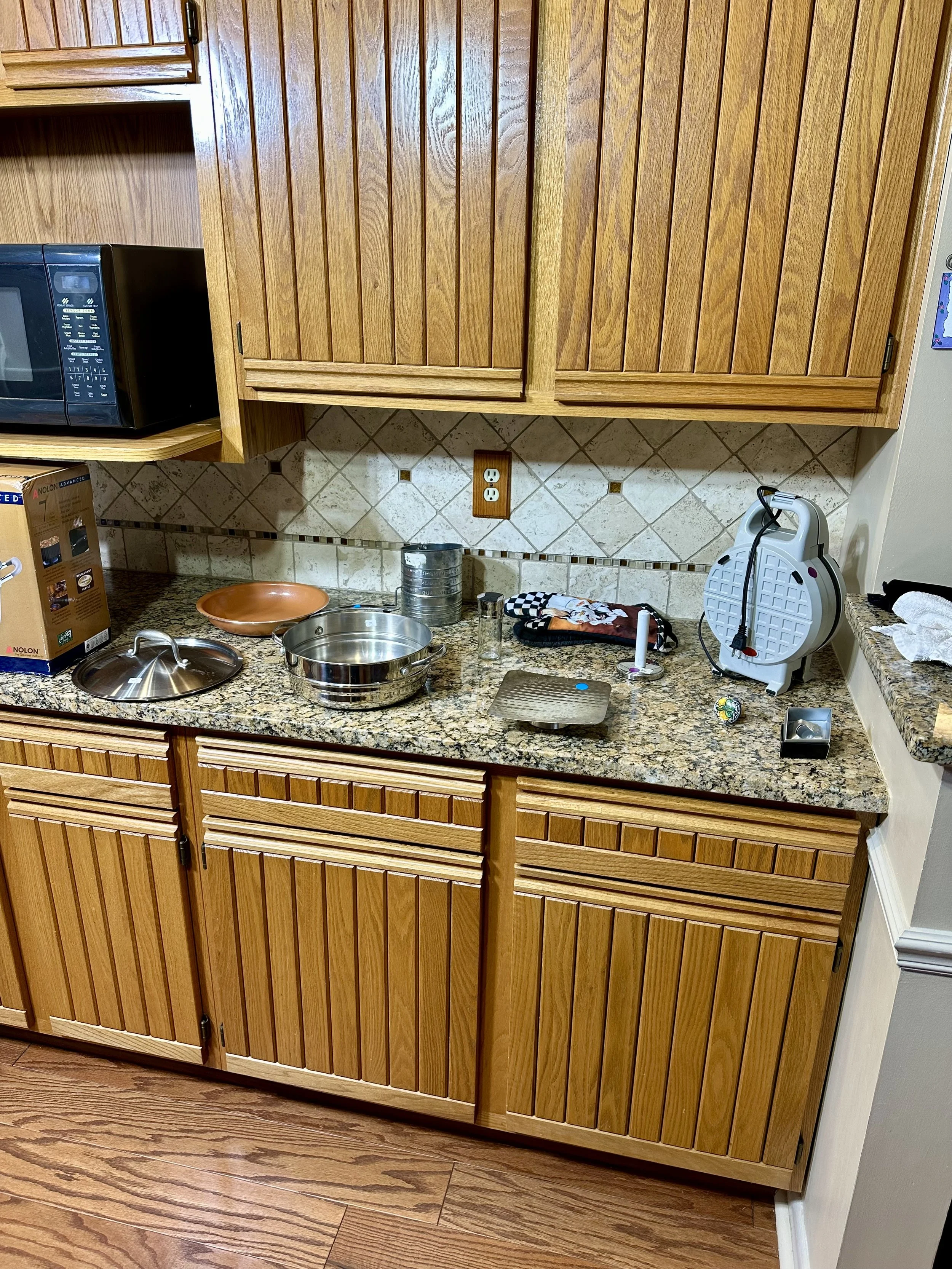 waffle maker, various cookware