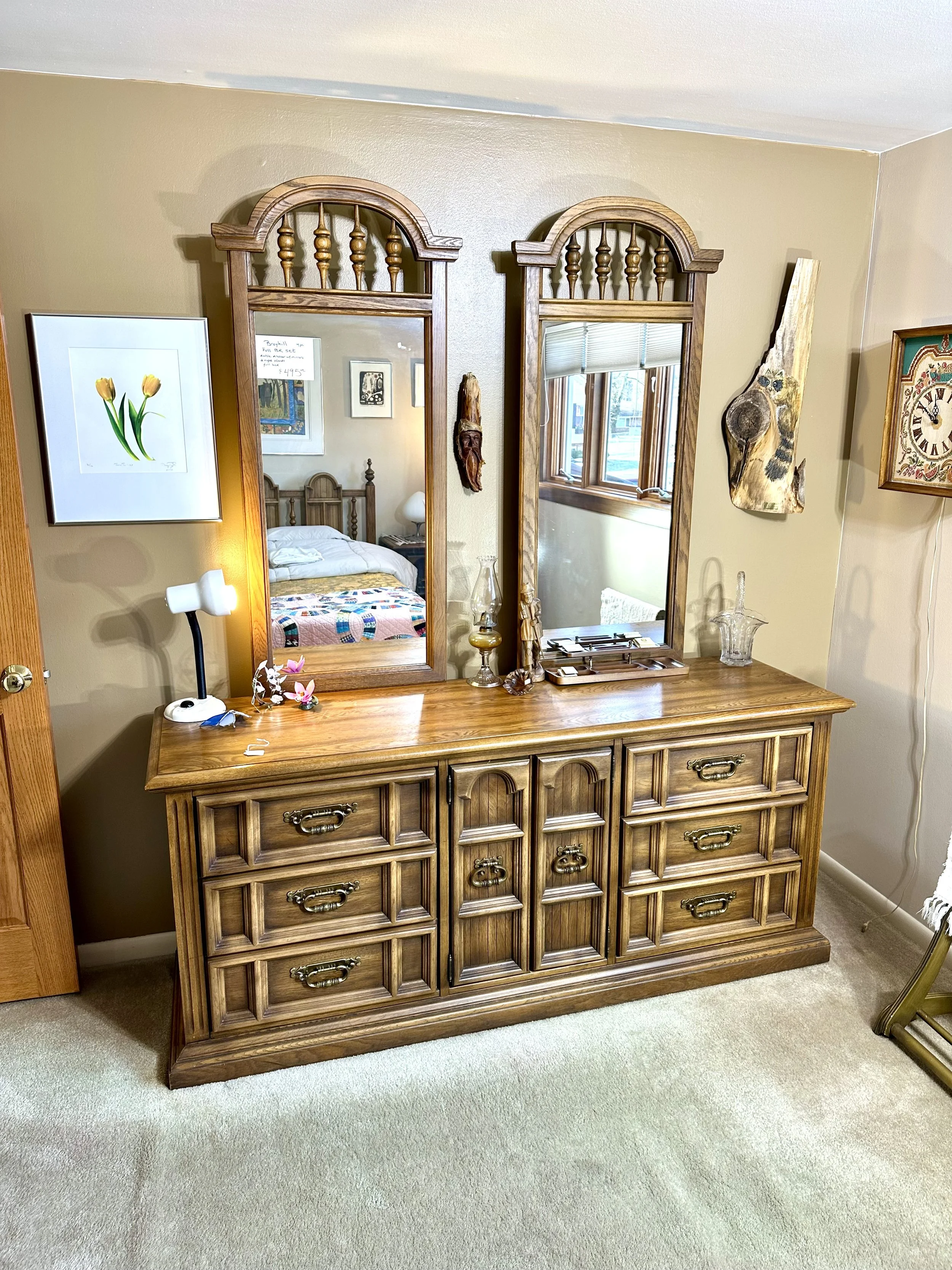 Broyhill full bedroom set with double dresser with two mirrors, two nightstands and a full bed