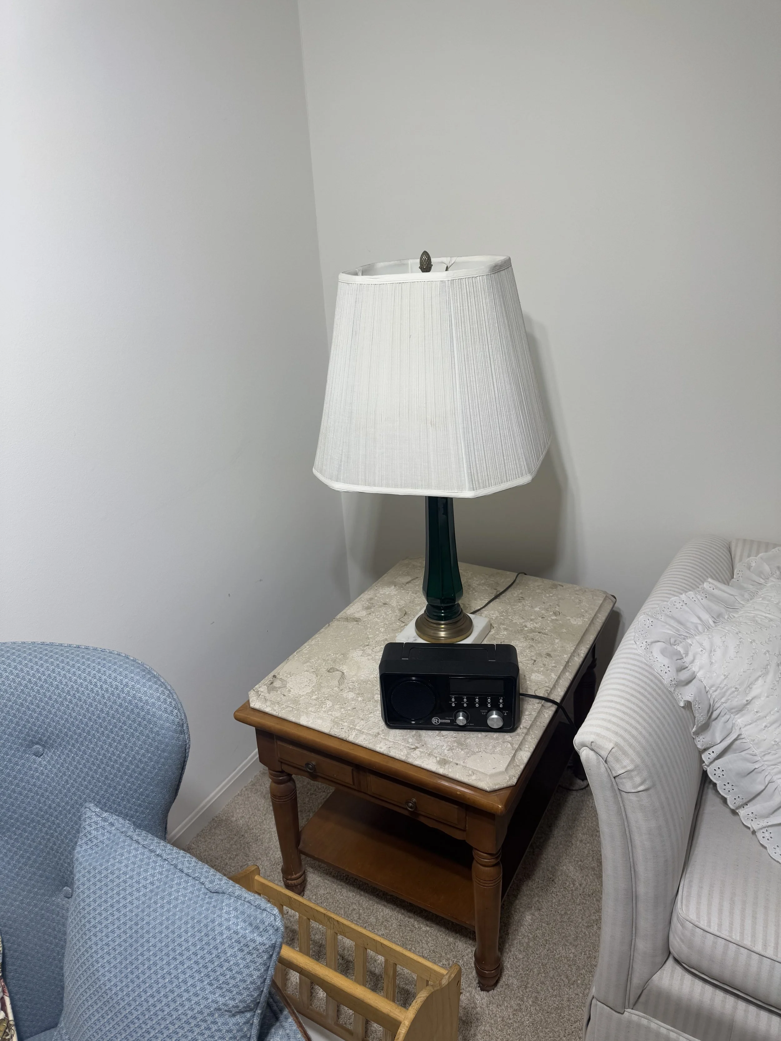 wood and marble end table and lamp