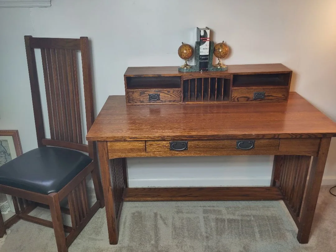 Michaels of Sacramento solid oak Mission writing desk paired with its matching high slat-back leather-seat chair