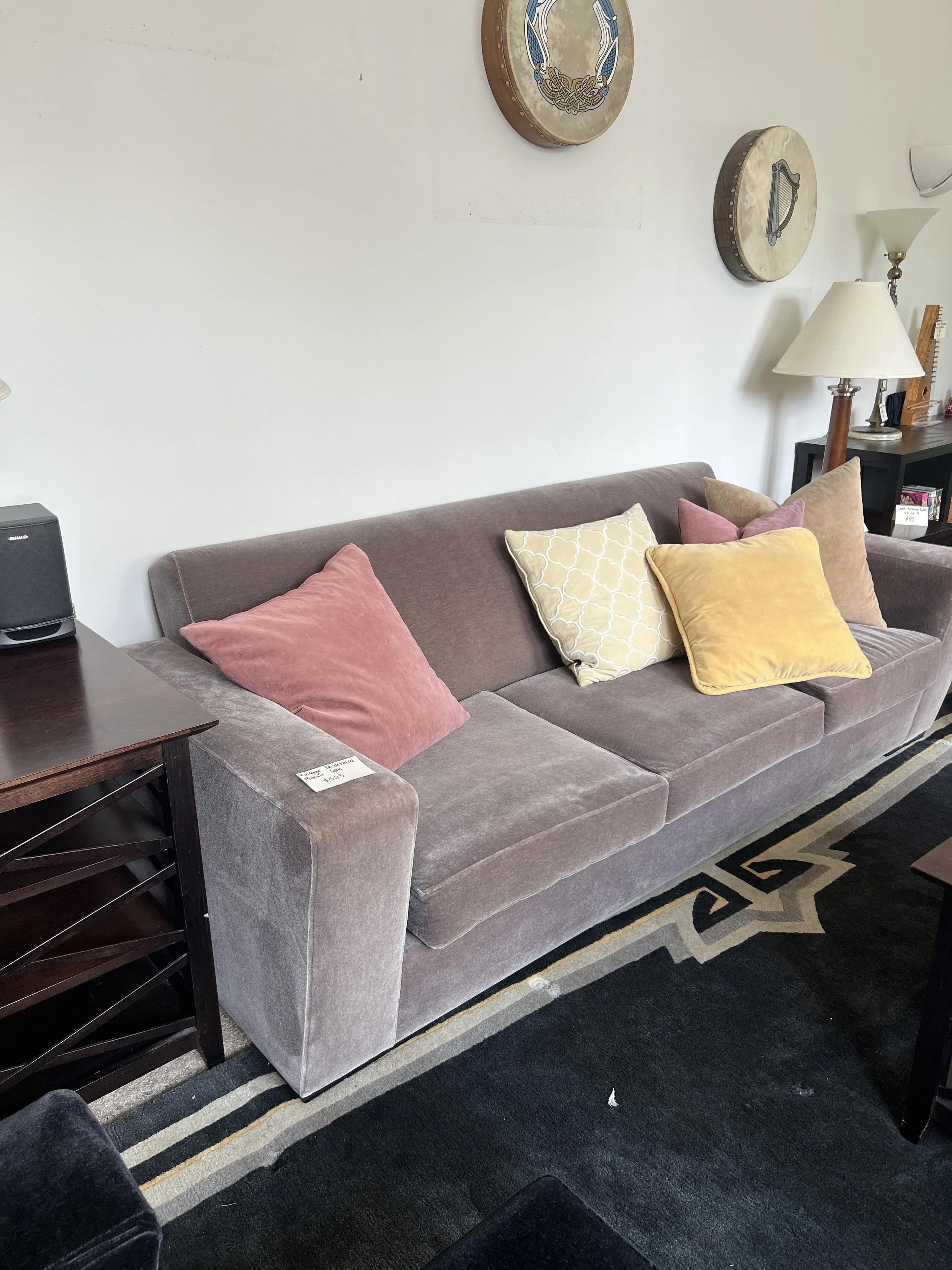Modernica three-cushion contemporary tuxedo sofa tailored in a luxurious taupe mohair velvet