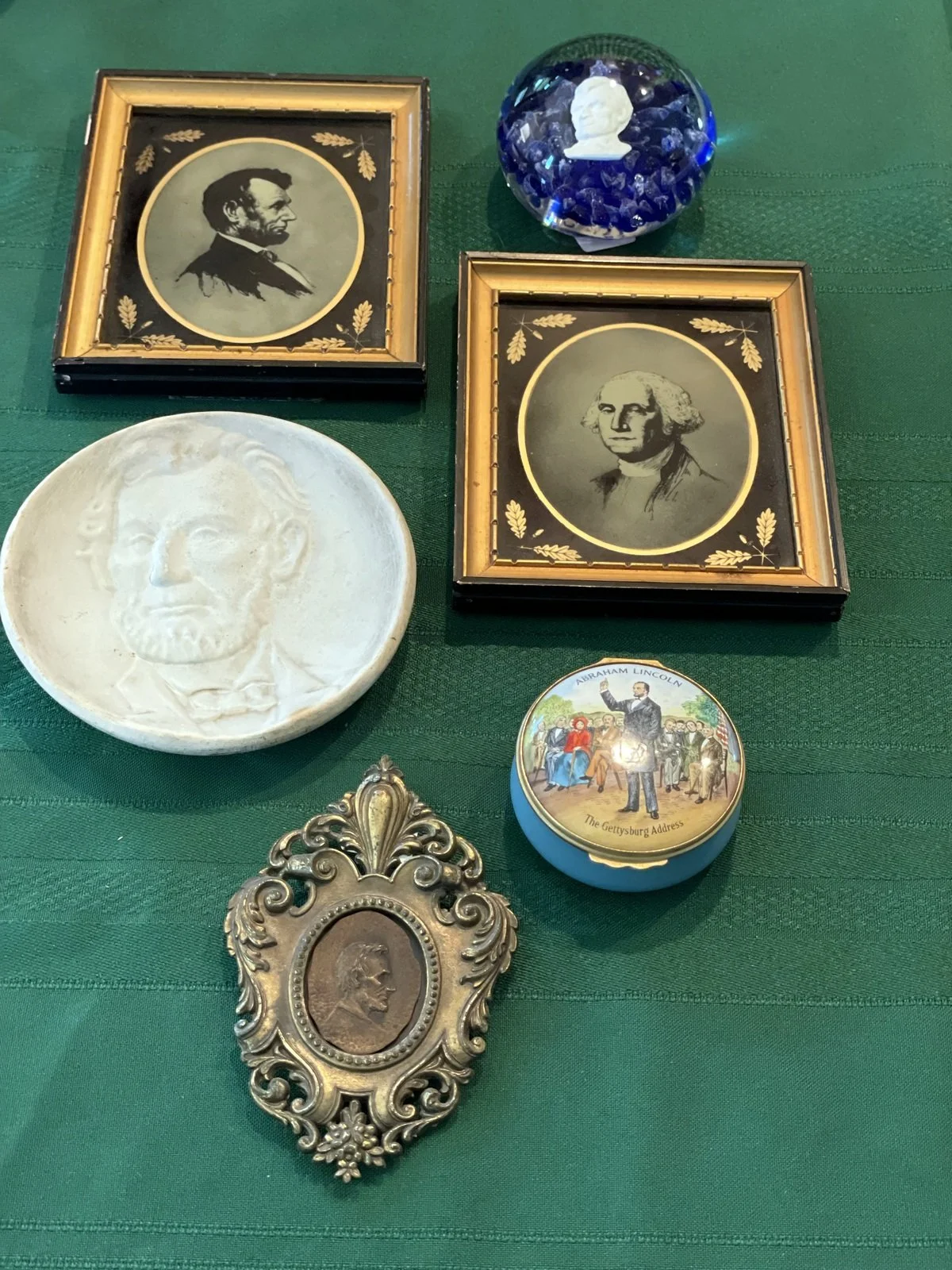 Lincoln Items, Weller Lincoln Souvenir Plate from 1904, Lincoln & Washington Prints by C&A Richards