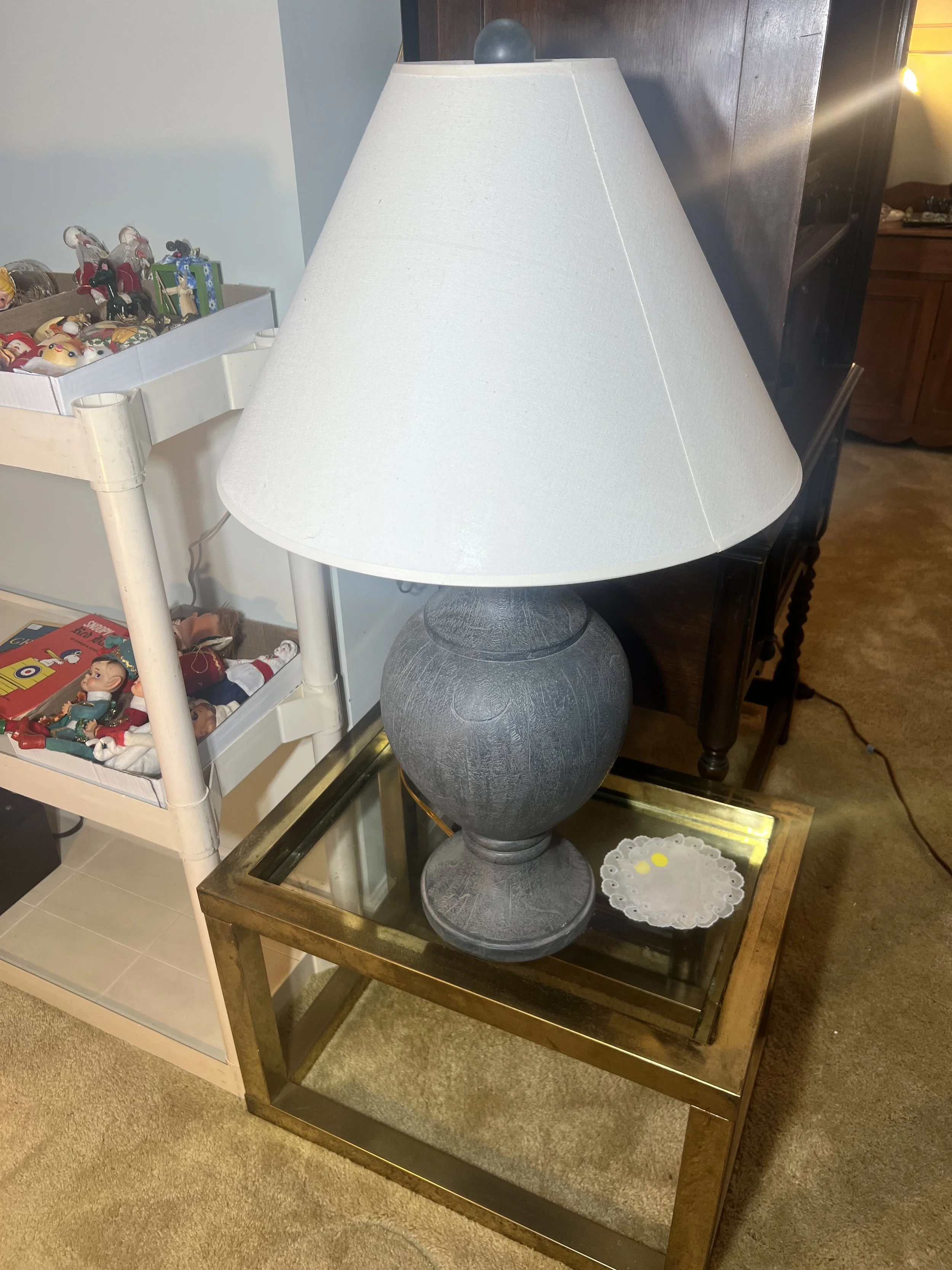 Metal and glass side table, shaded lamp