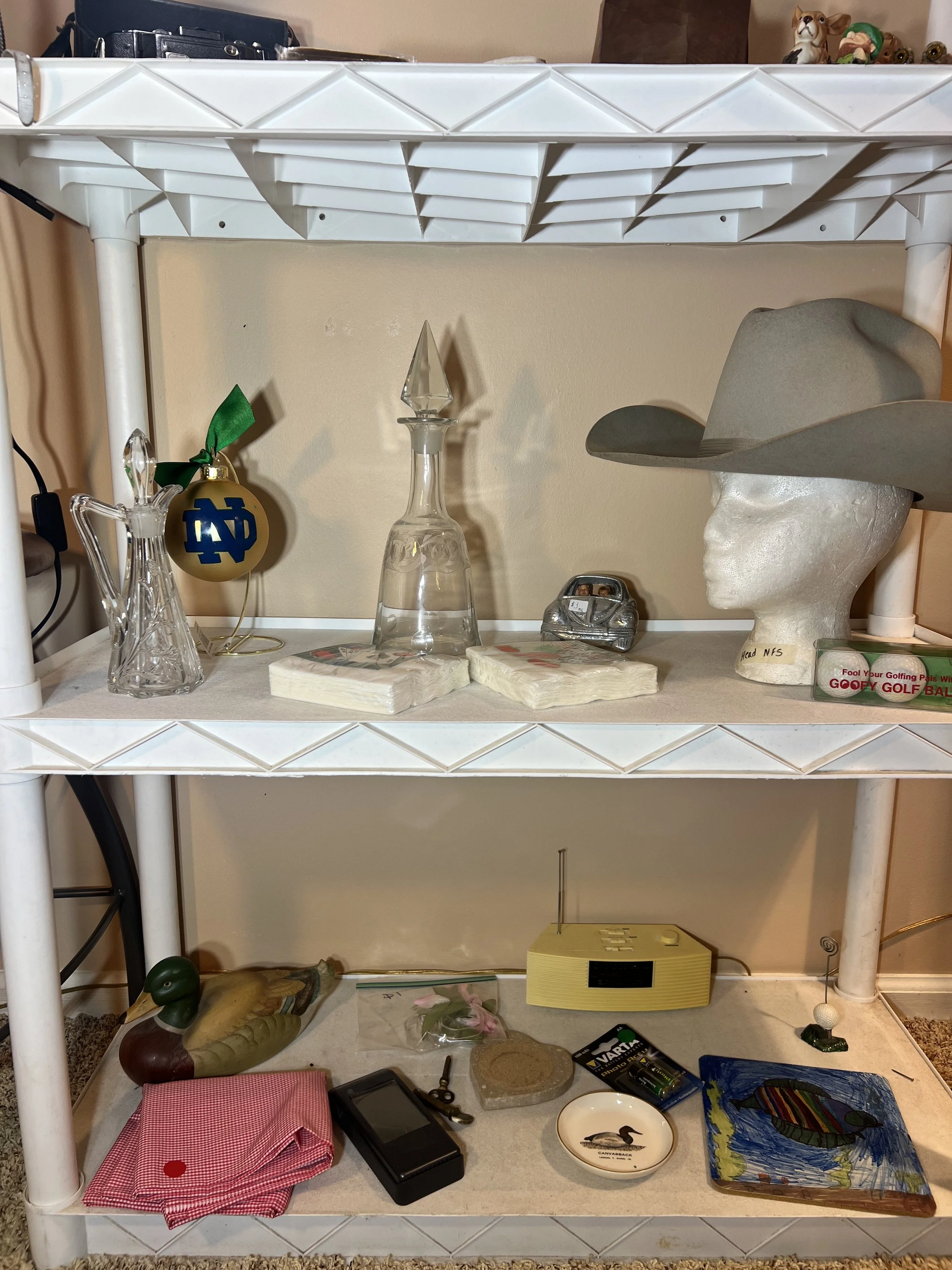 Etched glass decanters, Notre Dame ornament, vintage cowboy hat