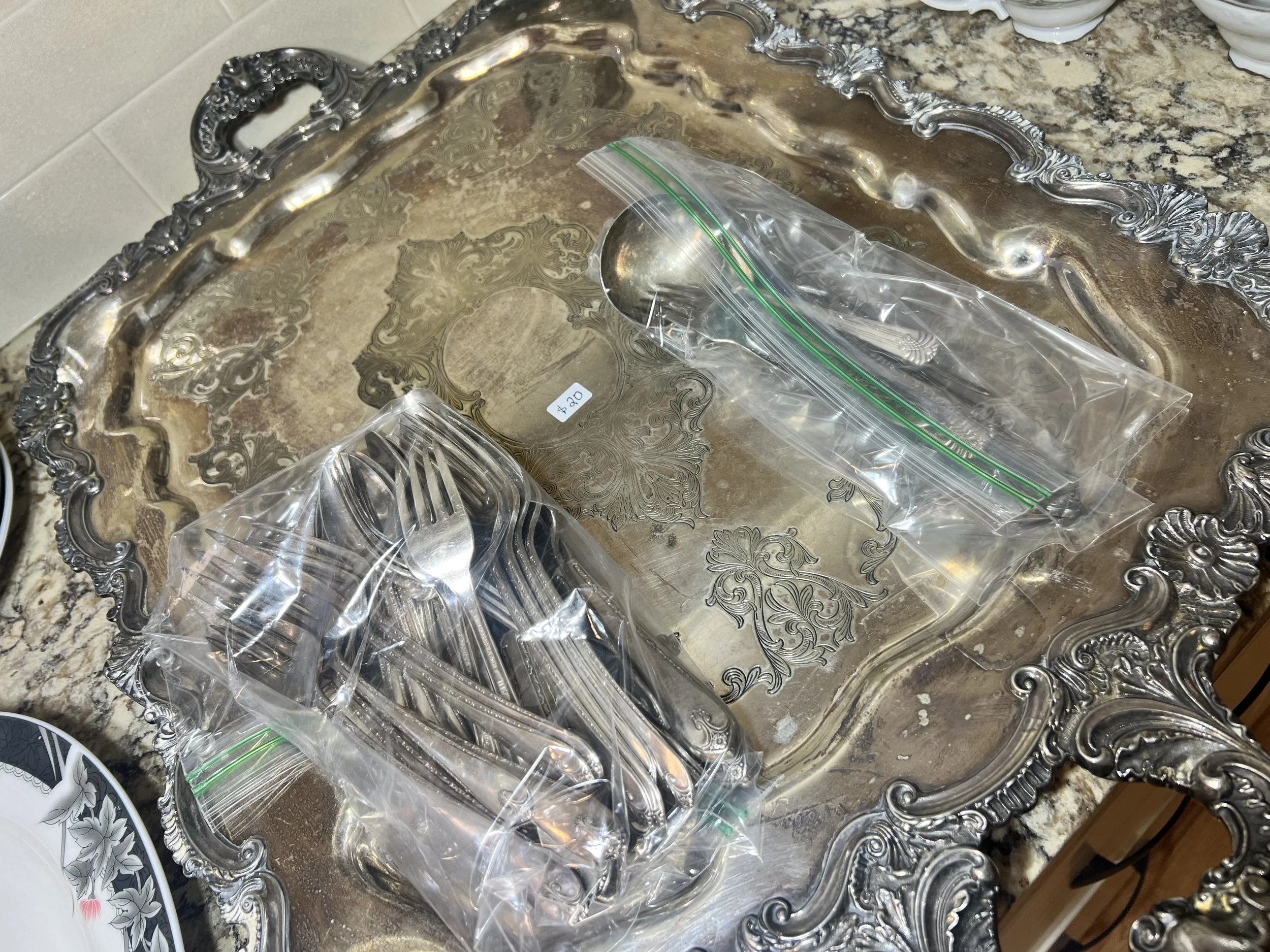 Various flatware and heavy serving tray with handles 