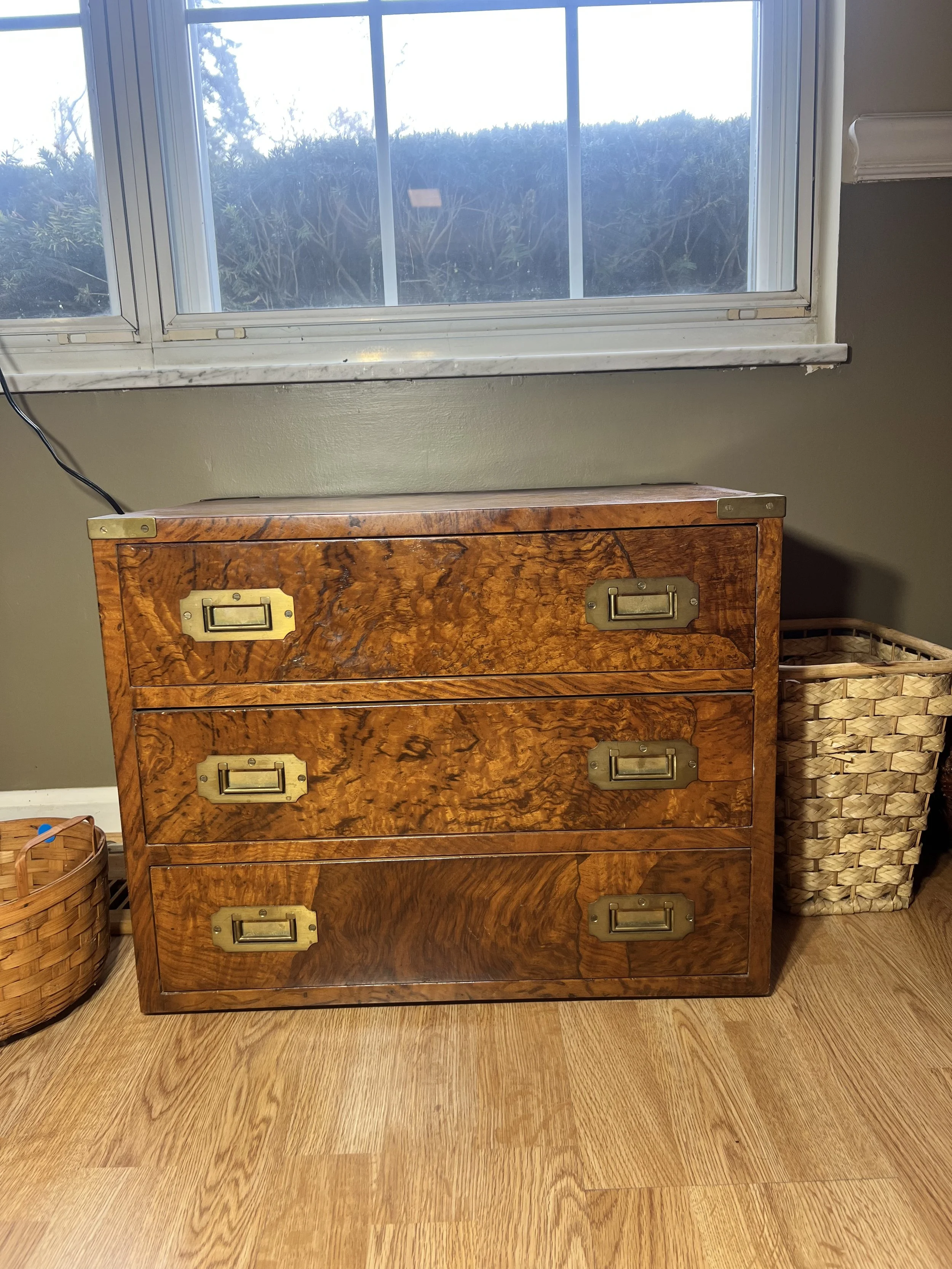 Campaign-Style Chest: 3-drawer wood chest with brass corner protectors and recessed brass pulls