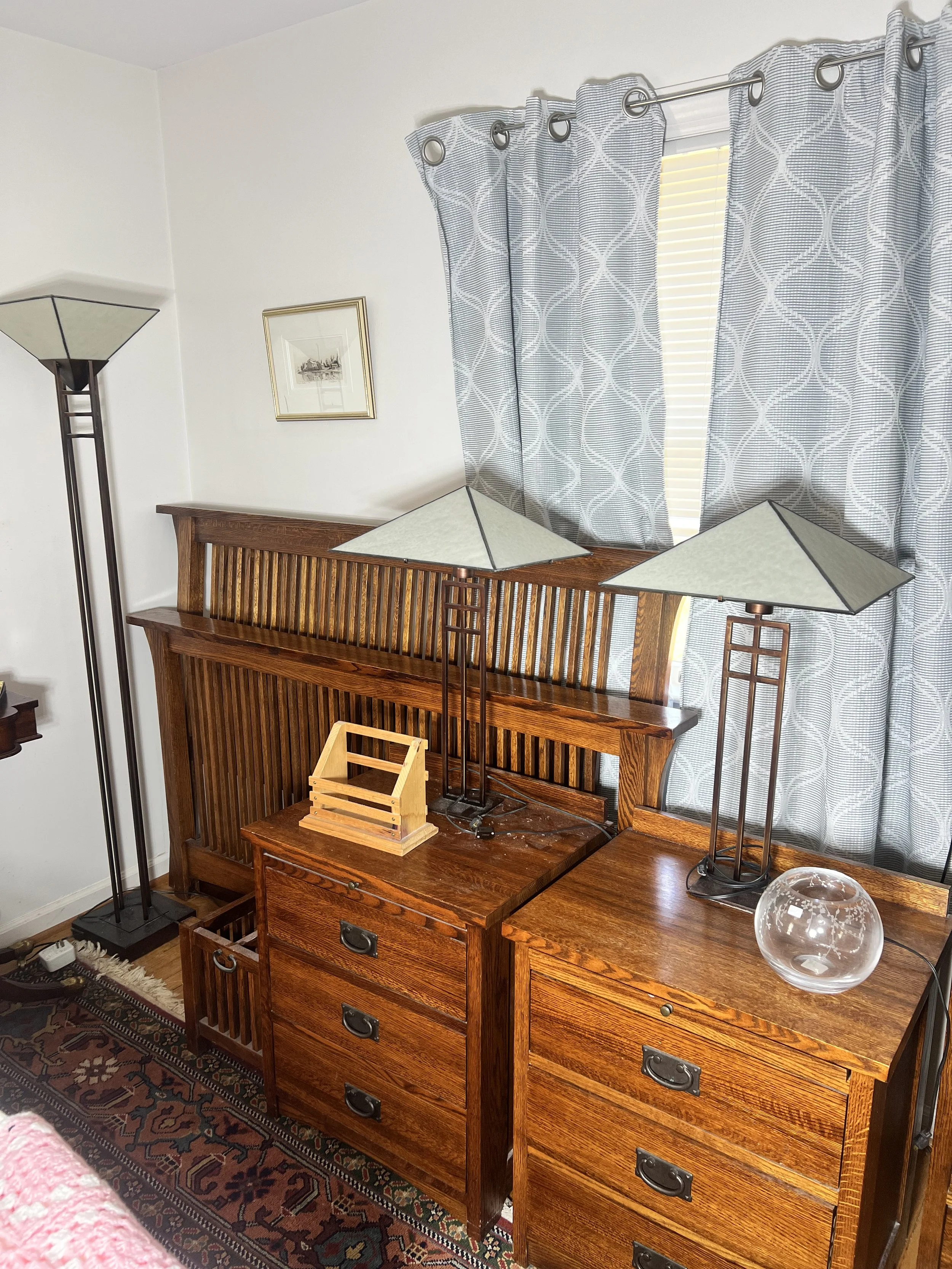 Queen bed frame and two nightstands by Michaels of Sacramento. Floor and table lamps