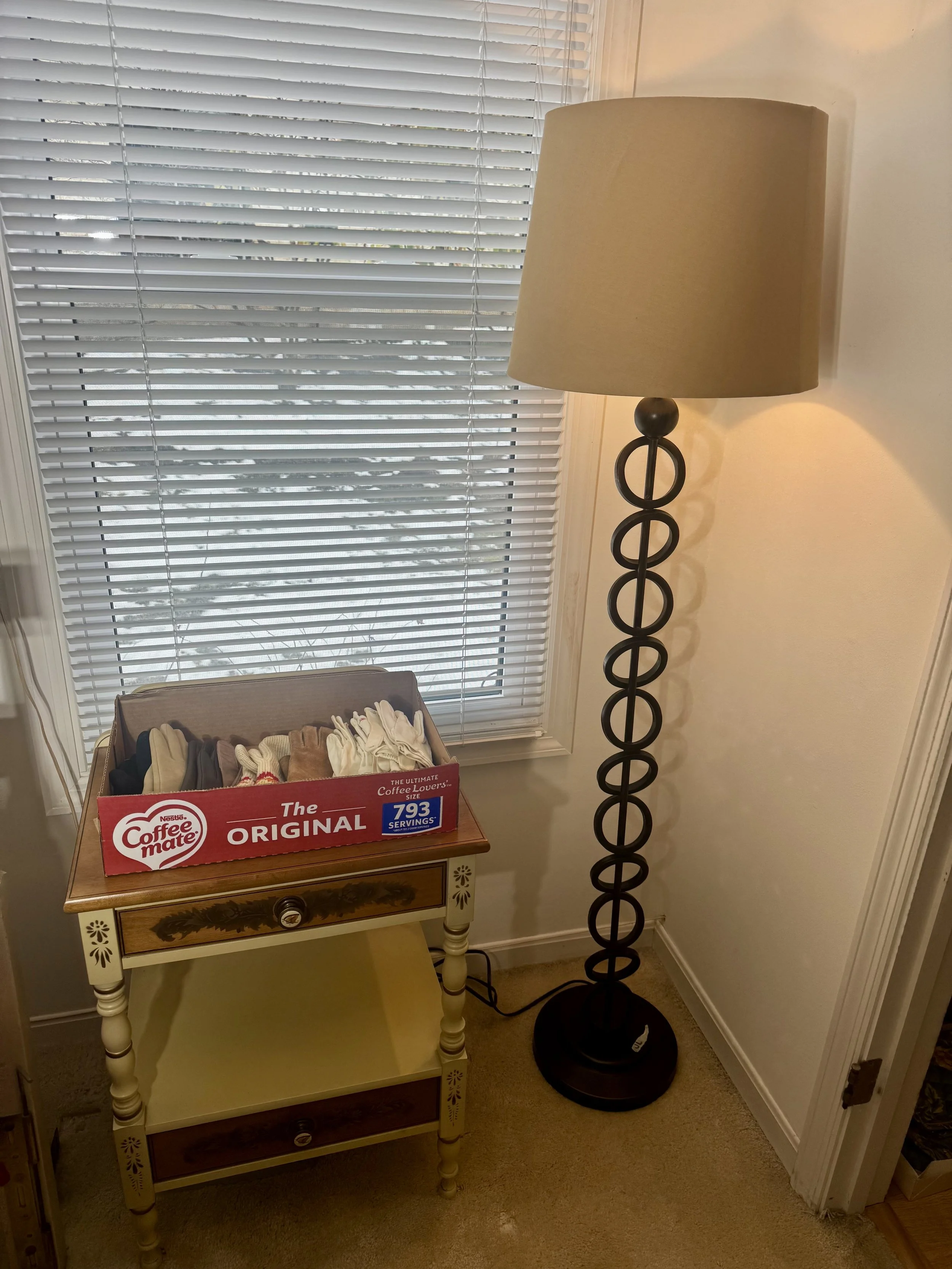 Vintage Hitchcock Furniture solid maple stenciled nightstand and iron stacked ring floor lamps