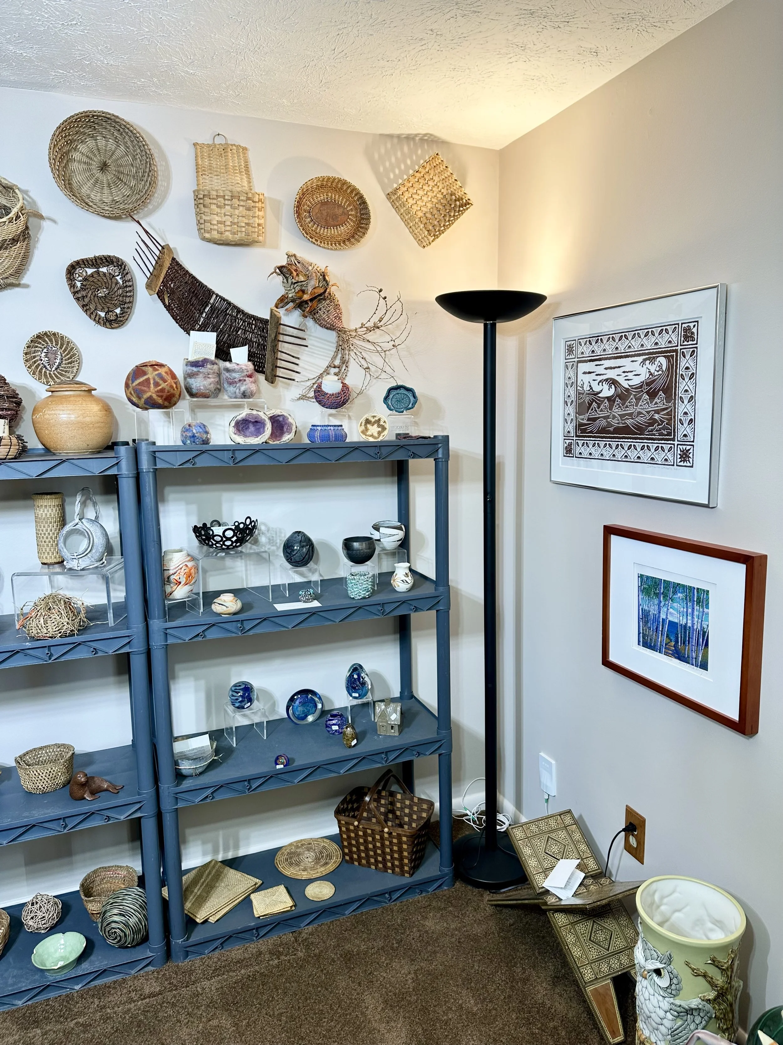 various decorative baskets and art